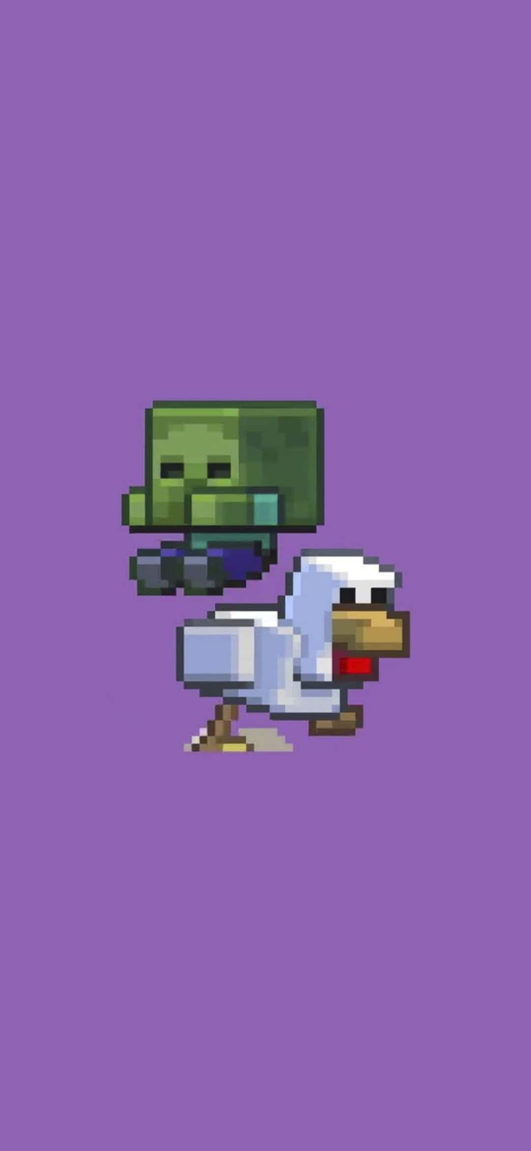 Minecraft Zombie 桌布 壁紙 — 一個像素化的綠色殭屍騎著一隻白色的鳥，背景是純紫色。