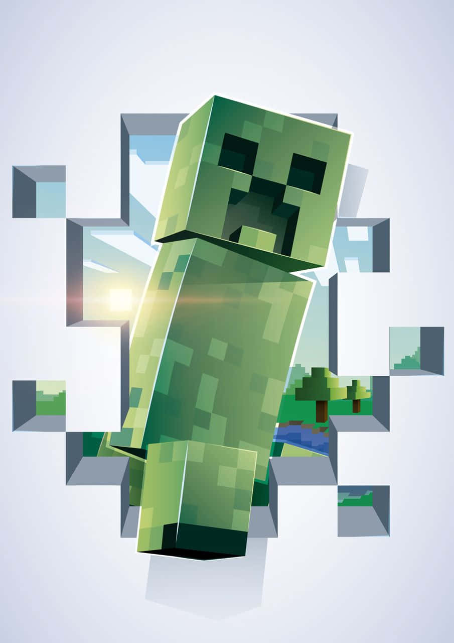 Minecraft Characters 桌布 壁紙 — 一個像素化的綠色爬行者穿過白色牆壁，露出後面的Minecraft景觀。