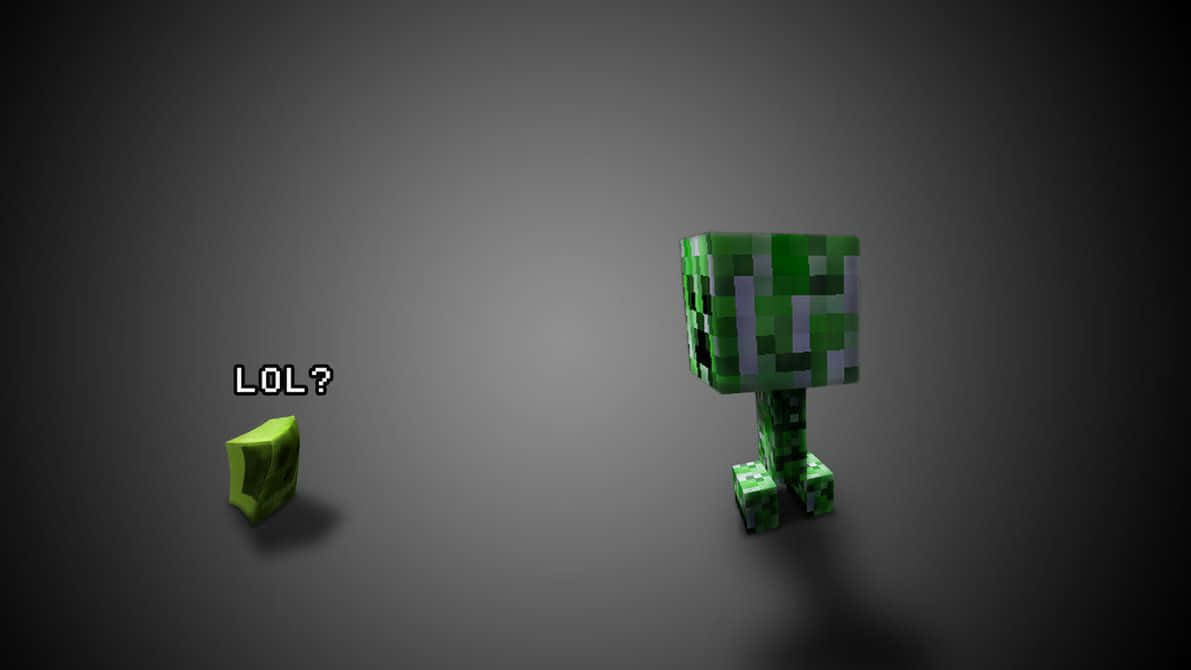 Cute Minecraft 桌布 壁紙 — 一個像素化的綠色爬行者站在一個帶有 'LOL?' 文字的小方塊旁邊，背景為深色漸變。