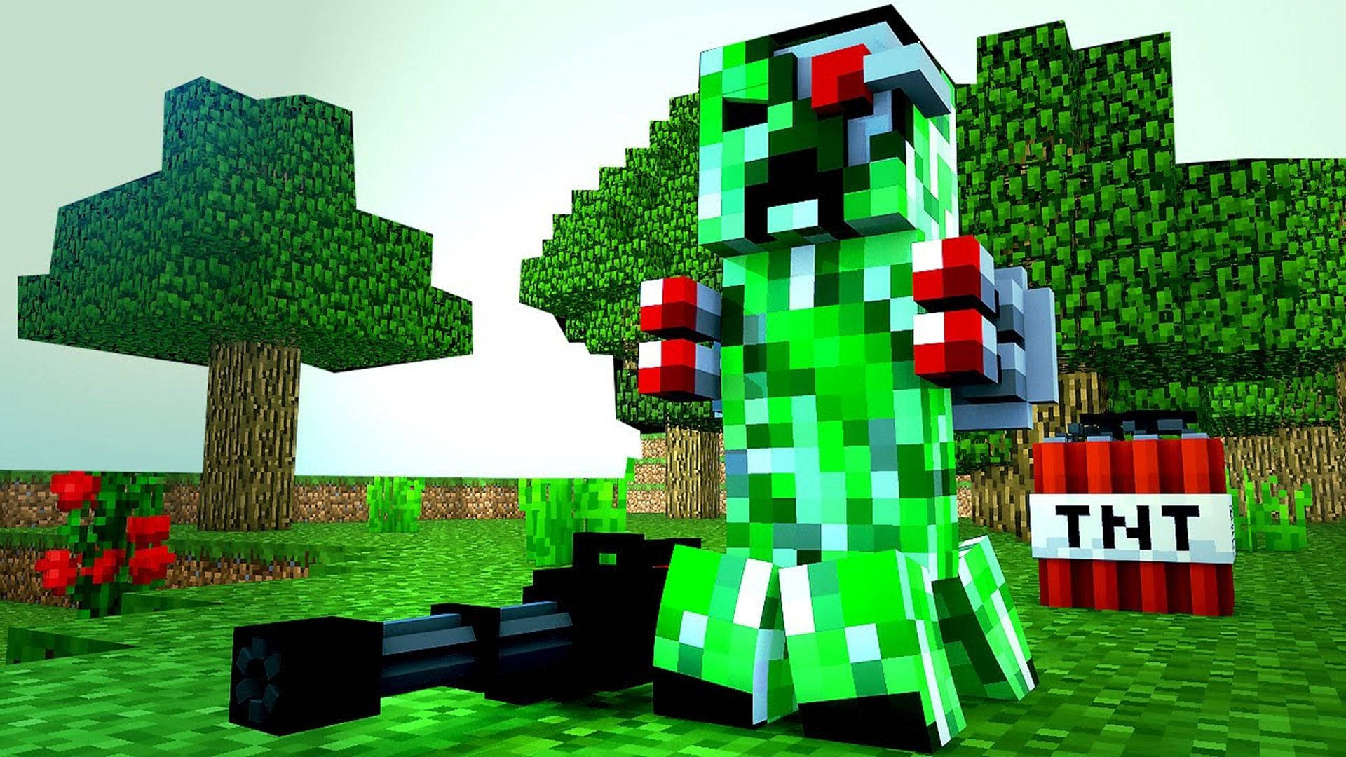Creeper 桌布 壁紙 — 一個像素化的綠色爬行者站在方塊森林中，手持槍枝，附近有TNT。