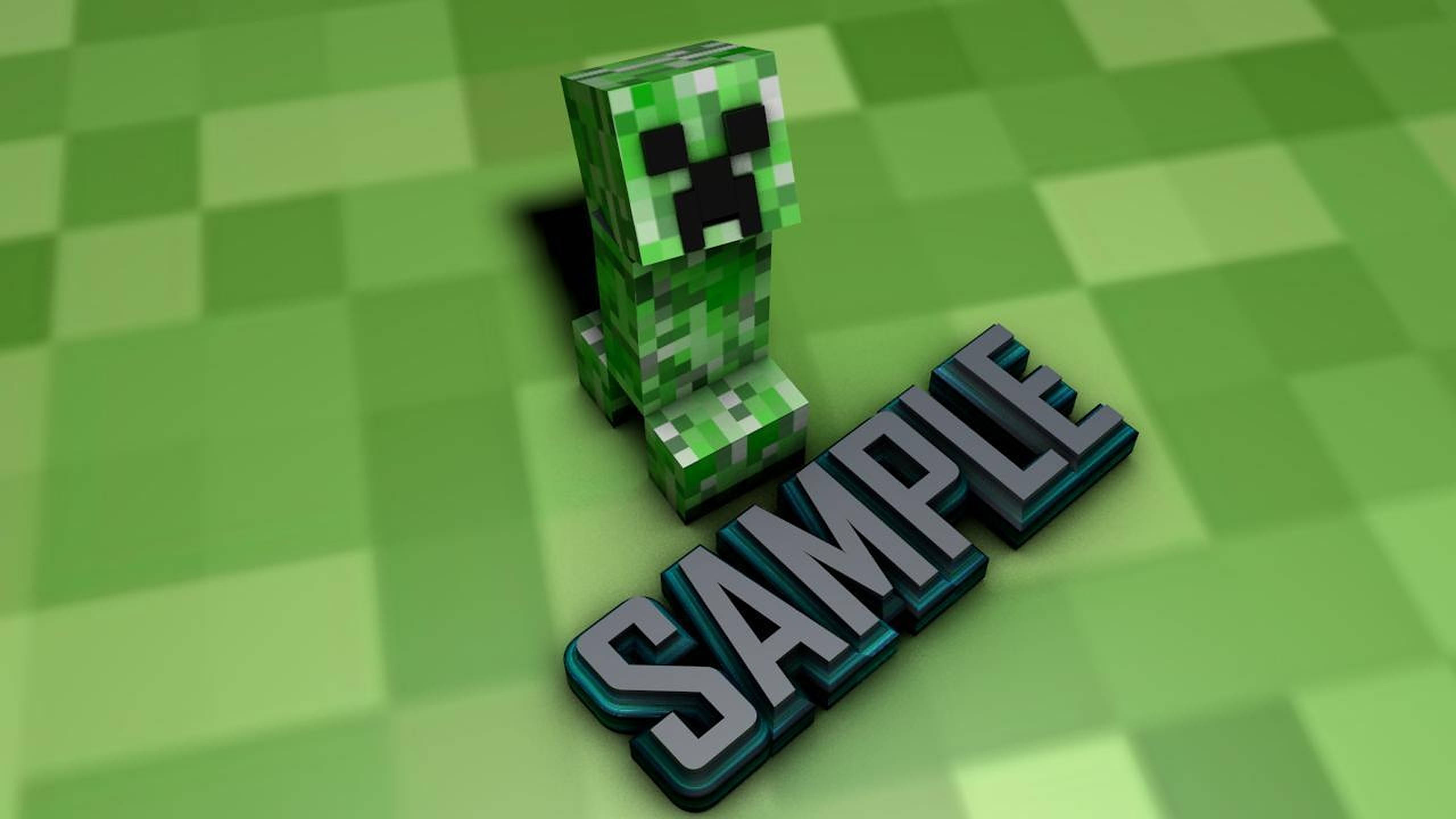 Creeper 桌布 壁紙 — 一個像素化的綠色爬行者站在格子草塊上，旁邊是3D渲染的樣本文字。