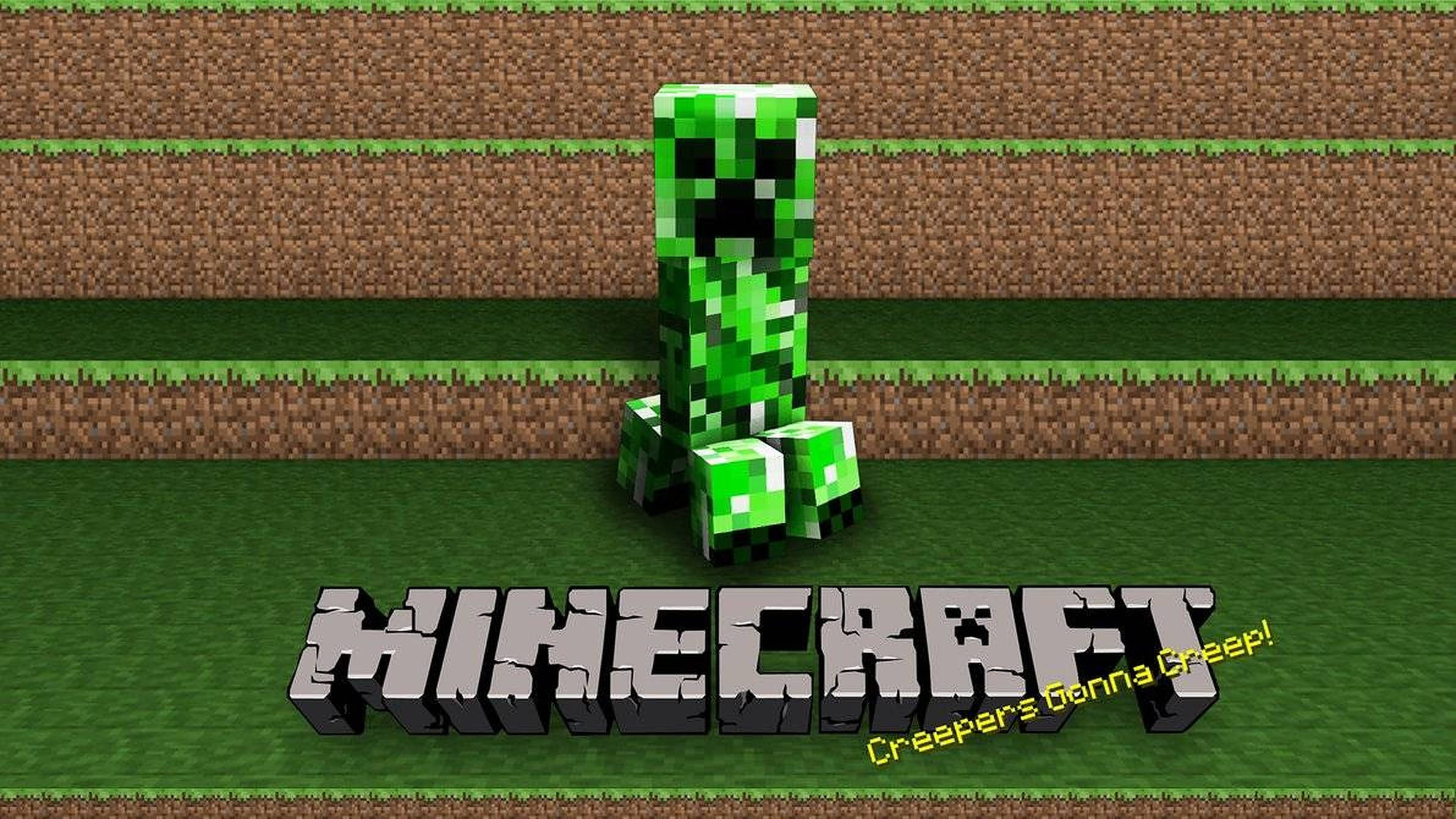 Creeper 桌布 壁紙 — 一個像素化的綠色爬行者站在草方塊上，下方有Minecraft標誌。