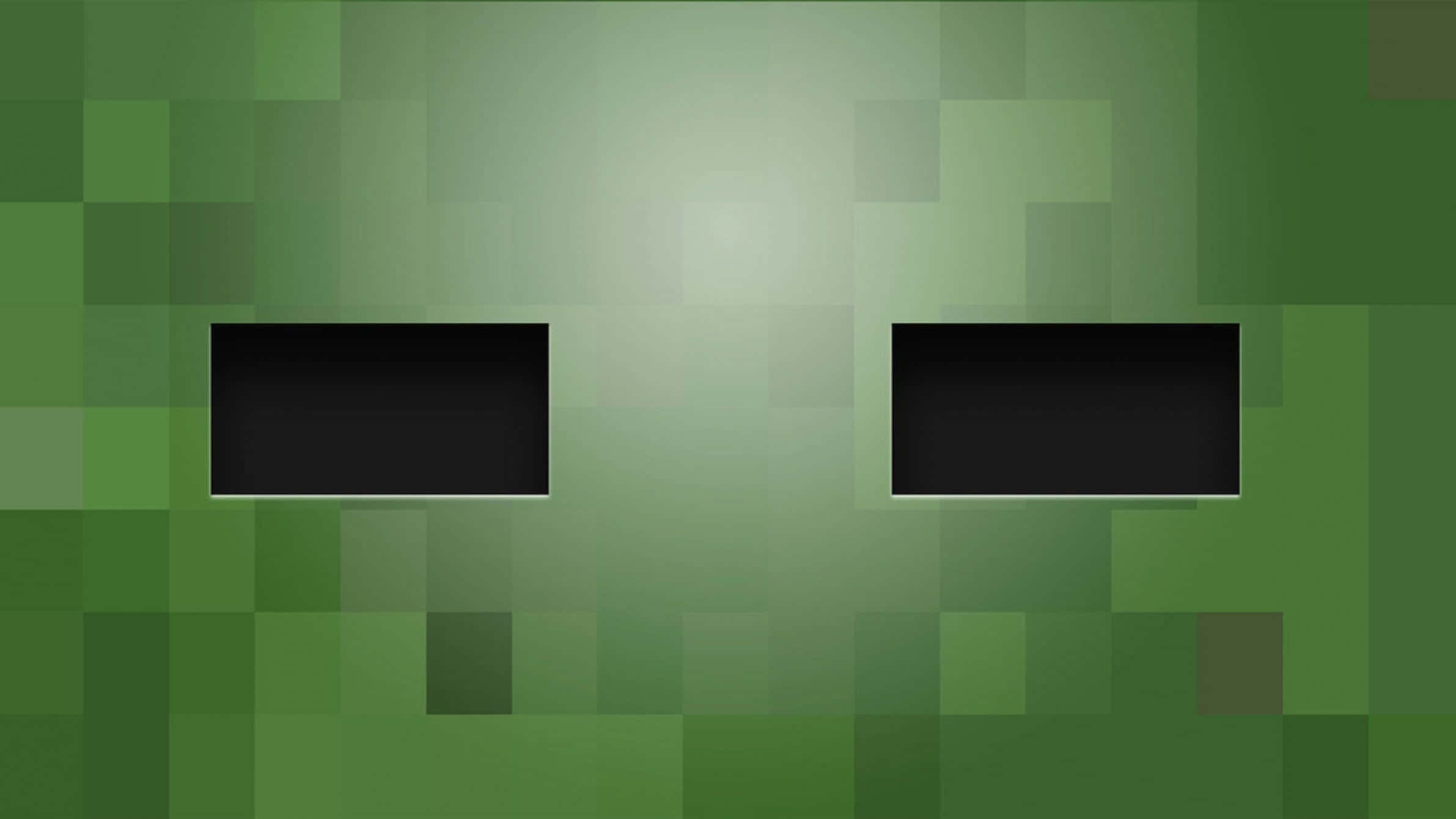 Minecraft Zombie 桌布 壁紙 — 一個像素化的綠色爬行者面孔，帶有黑色矩形眼睛，在漸變背景上柔和發光。