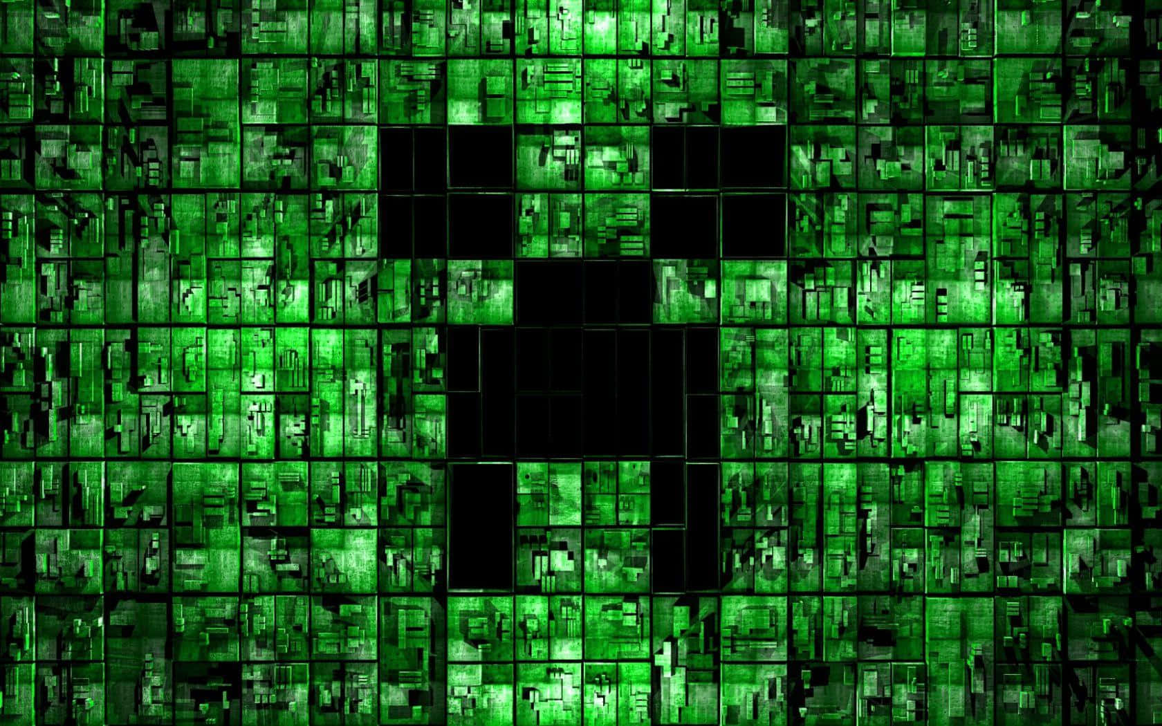 可愛 Minecraft 桌布 壁紙 — 一個像素化的綠色爬行者面孔從Minecraft風格的數位景觀中發光的綠色方塊網格中浮現。