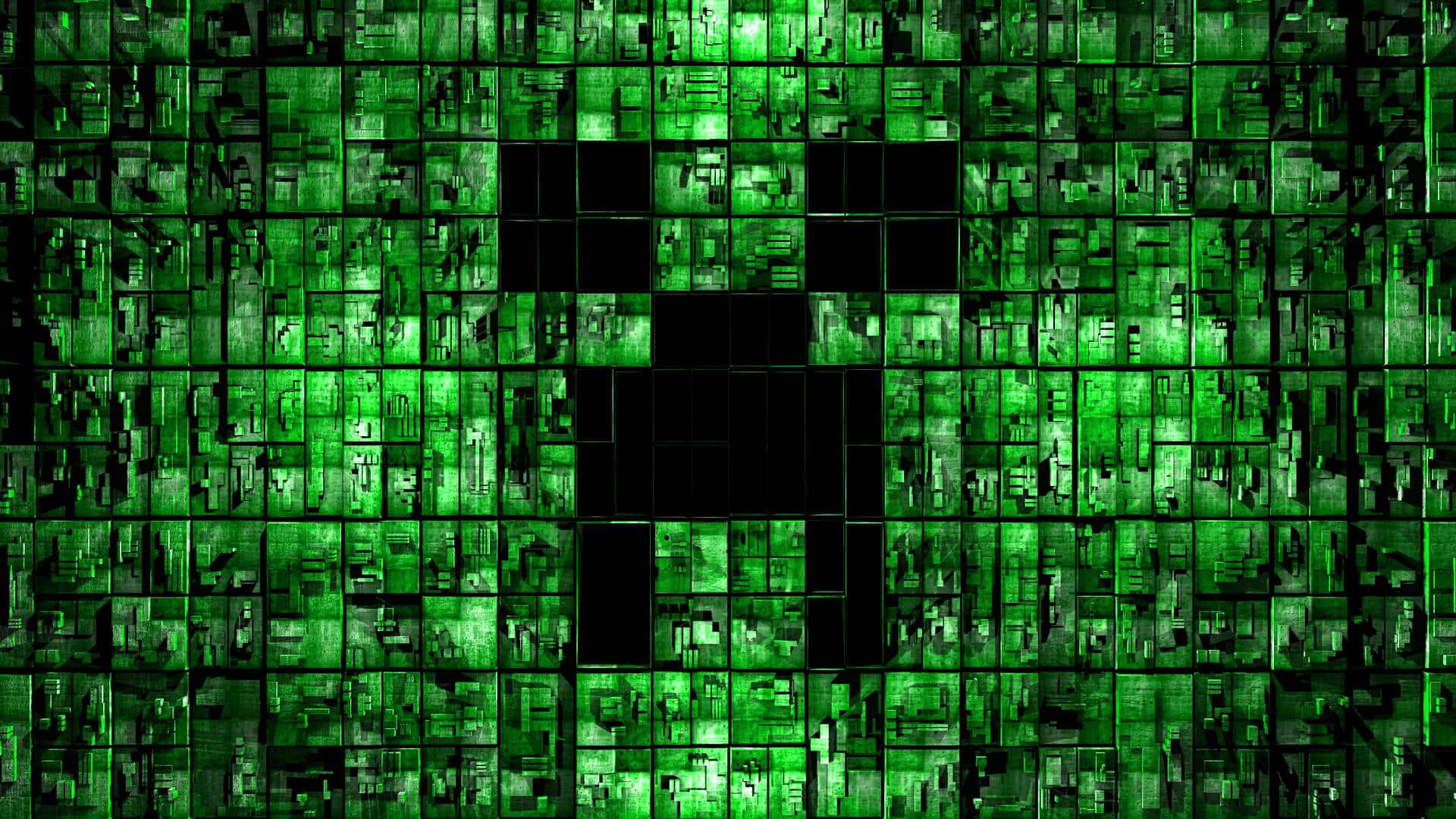 可愛 Minecraft 桌布 壁紙 — 一個像素化的綠色爬行者面孔從發光的綠色方塊網格中浮現，呈現Minecraft風格的數位景觀。