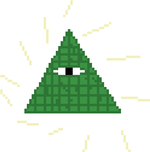 illuminati 桌布 壁紙 — 一個像素化的綠色金字塔，有一隻眼睛，在黑色背景上放射出黃色線條。