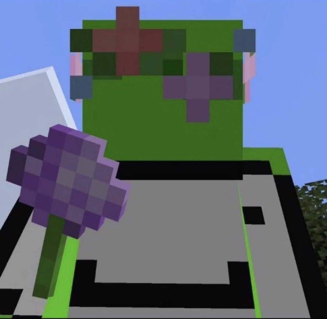 花 桌布 壁紙 — 一個像素化的綠色青蛙角色在Minecraft風格的清澈藍天下拿著一朵紫色花。