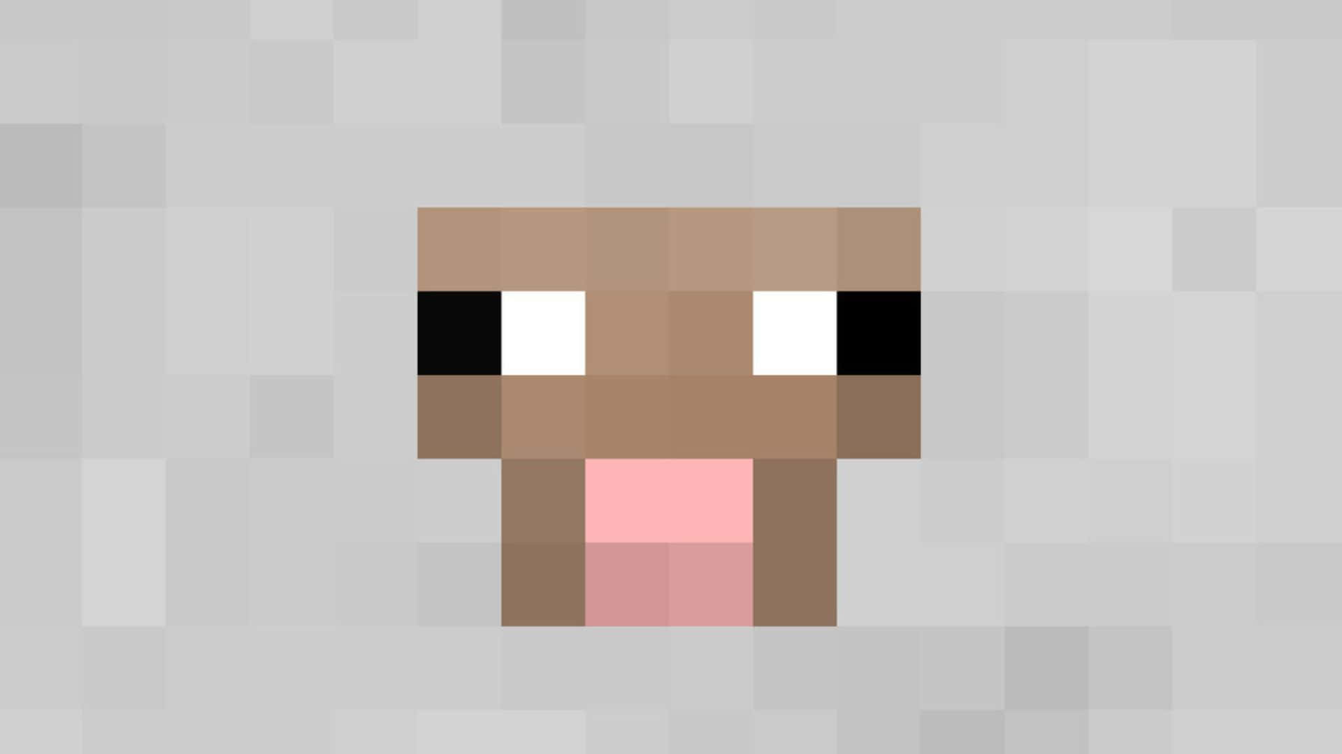 Minecraft Sheep 桌布 壁紙 — 一個像素化的羊臉，有白色眼睛和粉紅色舌頭，背景為灰色方塊。