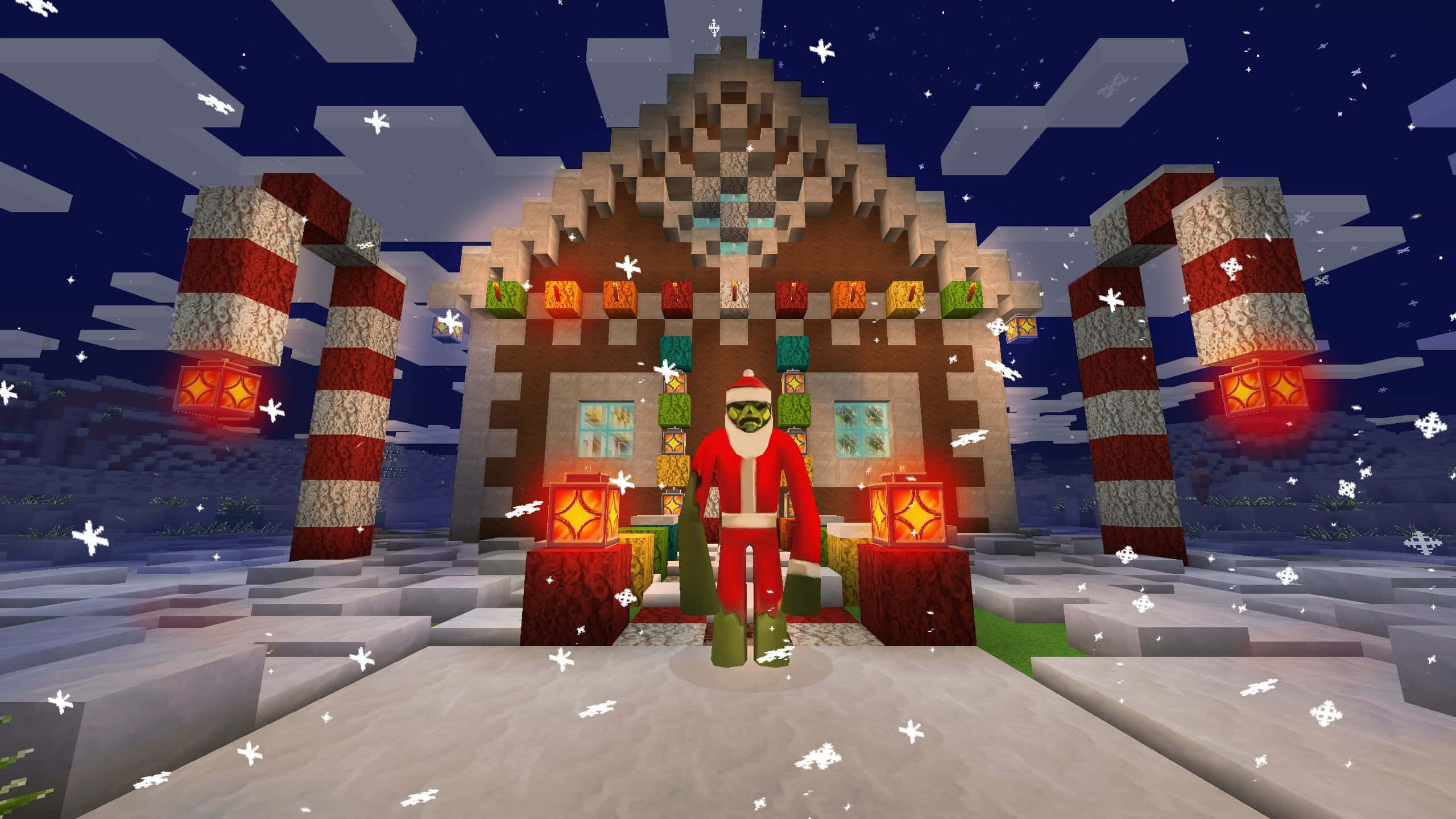 Minecraft Adventure 桌布 壁紙 — 一個像素化的聖誕老人站在節日薑餅屋前，背景是雪夜天空、糖果棒柱子和發光的燈籠。