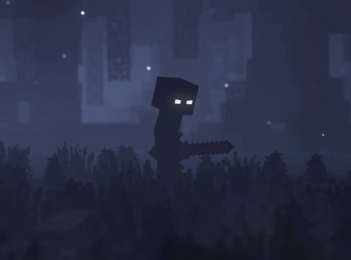 電玩遊戲 桌布 壁紙 — 一個像素化的苦力怕在Minecraft的黑暗森林中，在星空下威嚇地站立。
