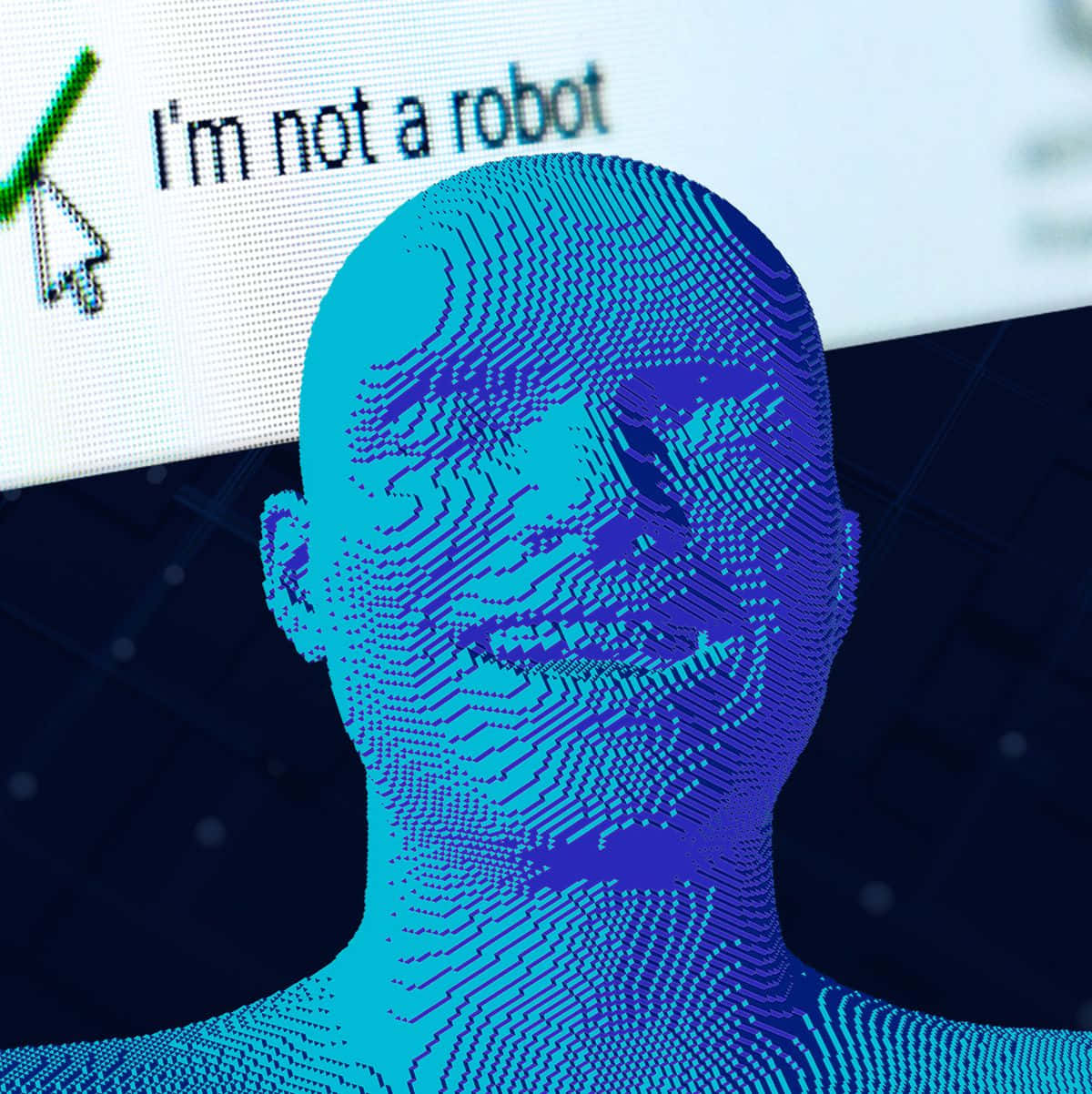 Cybersecurity Memes 桌布 壁紙 — 一個像素化的藍色人頭以數位電路線條呈現，螢幕上顯示「我不是機器人」，游標懸停在綠色勾號上。