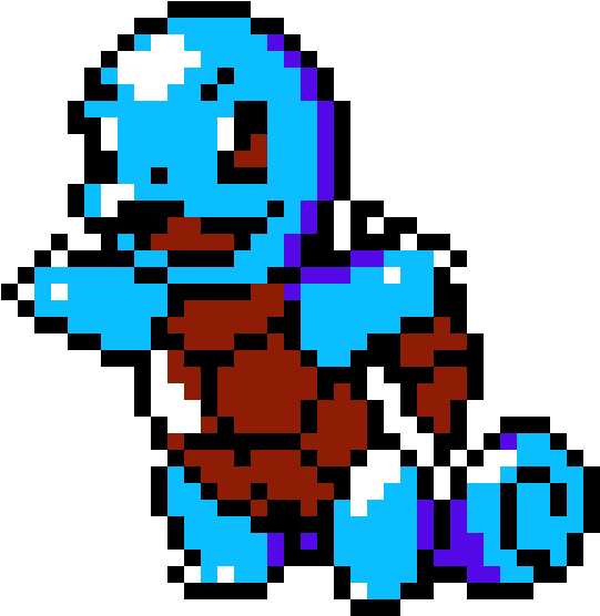Squirtle 桌布 壁紙 — 一個像素化的藍色和棕色生物，帶有紫色輪廓，站在黑色背景前。