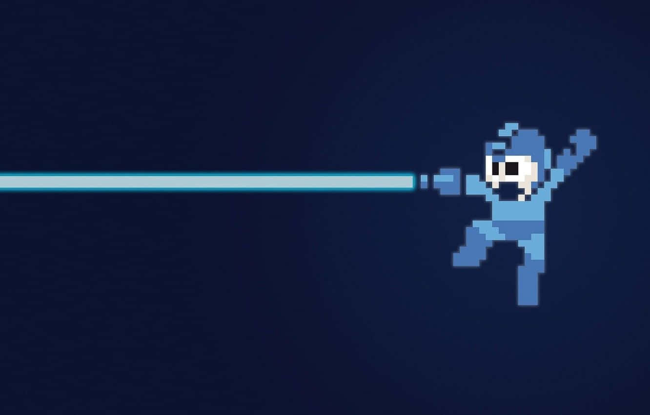 Pixel Game 桌布 壁紙 — 一個像素化的藍色機器人在深藍色背景上發射一道明亮的光束，呈現復古電子遊戲風格。