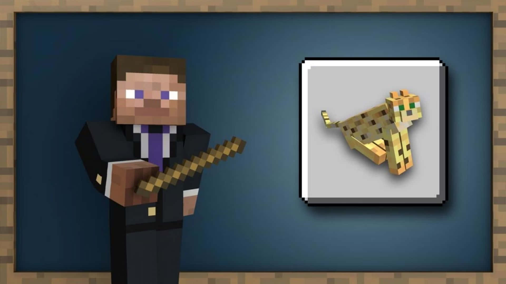Minecraft Ocelot 桌布 壁紙 — 一個像素化的西裝男在藍色牆上拿著吉他，旁邊有一幅裱框的像素藝術獵豹。
