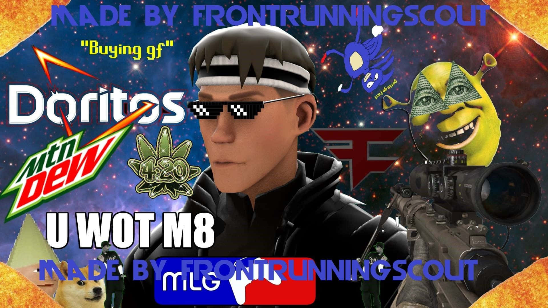 dank memes 桌布 壁紙 — 一個像素化的角色戴著太陽眼鏡，在星空背景下拿著步槍，並有Doritos Mountain Dew和史瑞克迷因。