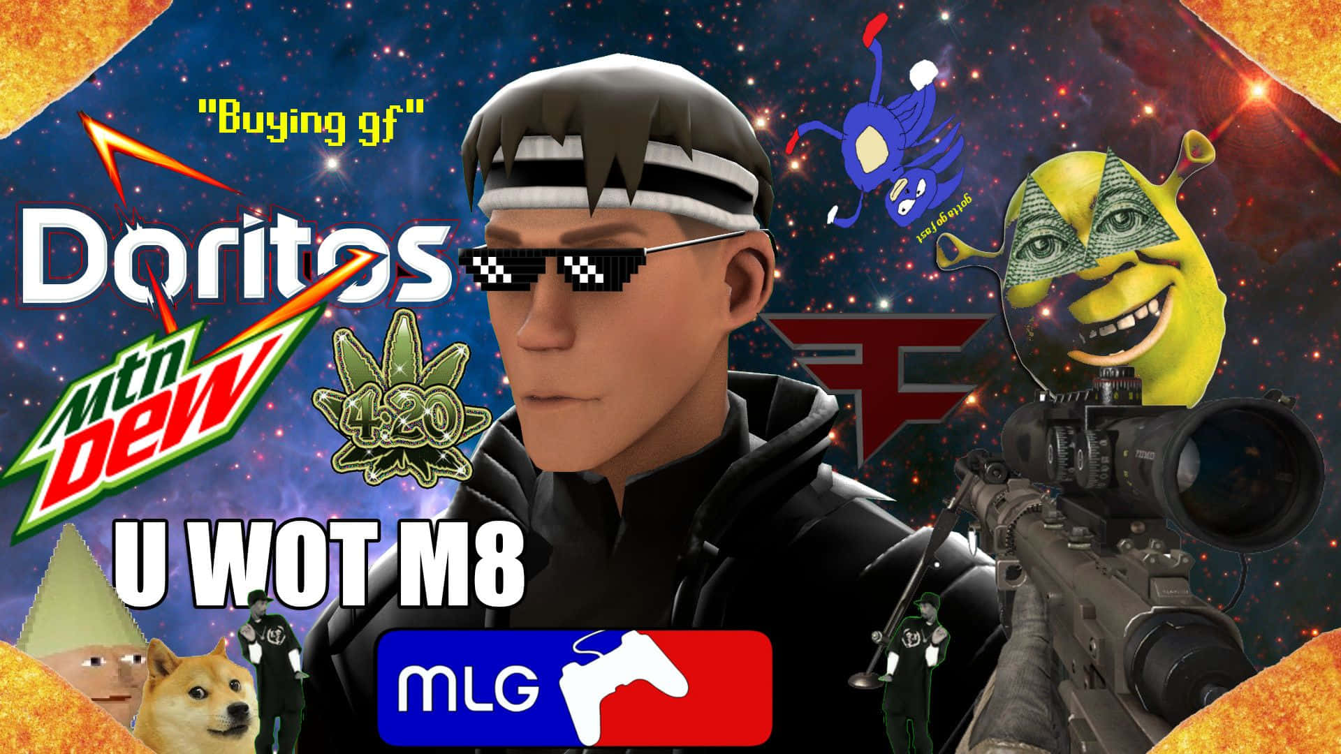 meme 桌布 壁紙 — 一個像素化的遊戲玩家頭像戴著太陽眼鏡，在充滿迷因和品牌標誌的宇宙背景下拿著步槍。