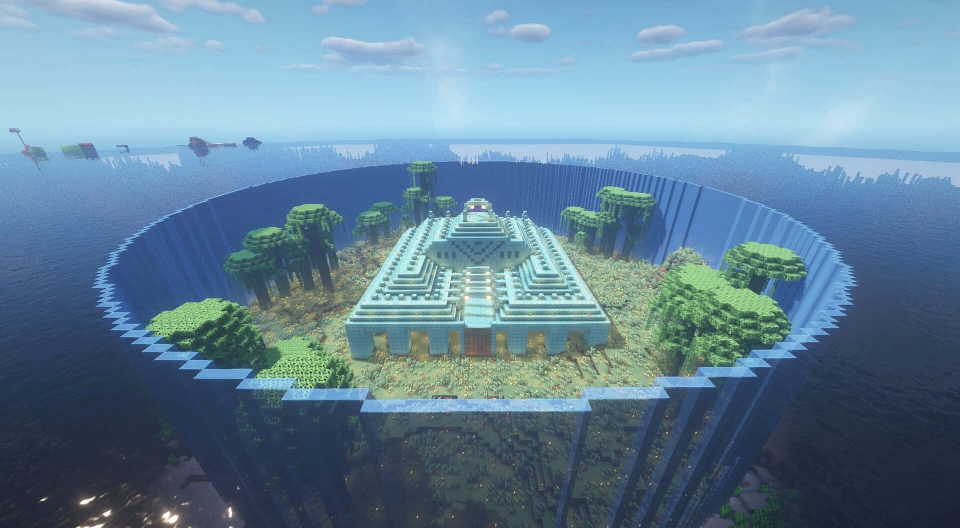 Minecraft Building 桌布 壁紙 — 一個像素化的金字塔寺廟坐落在一座浮島上，周圍是海洋和叢林樹木，上方是明亮的藍天。