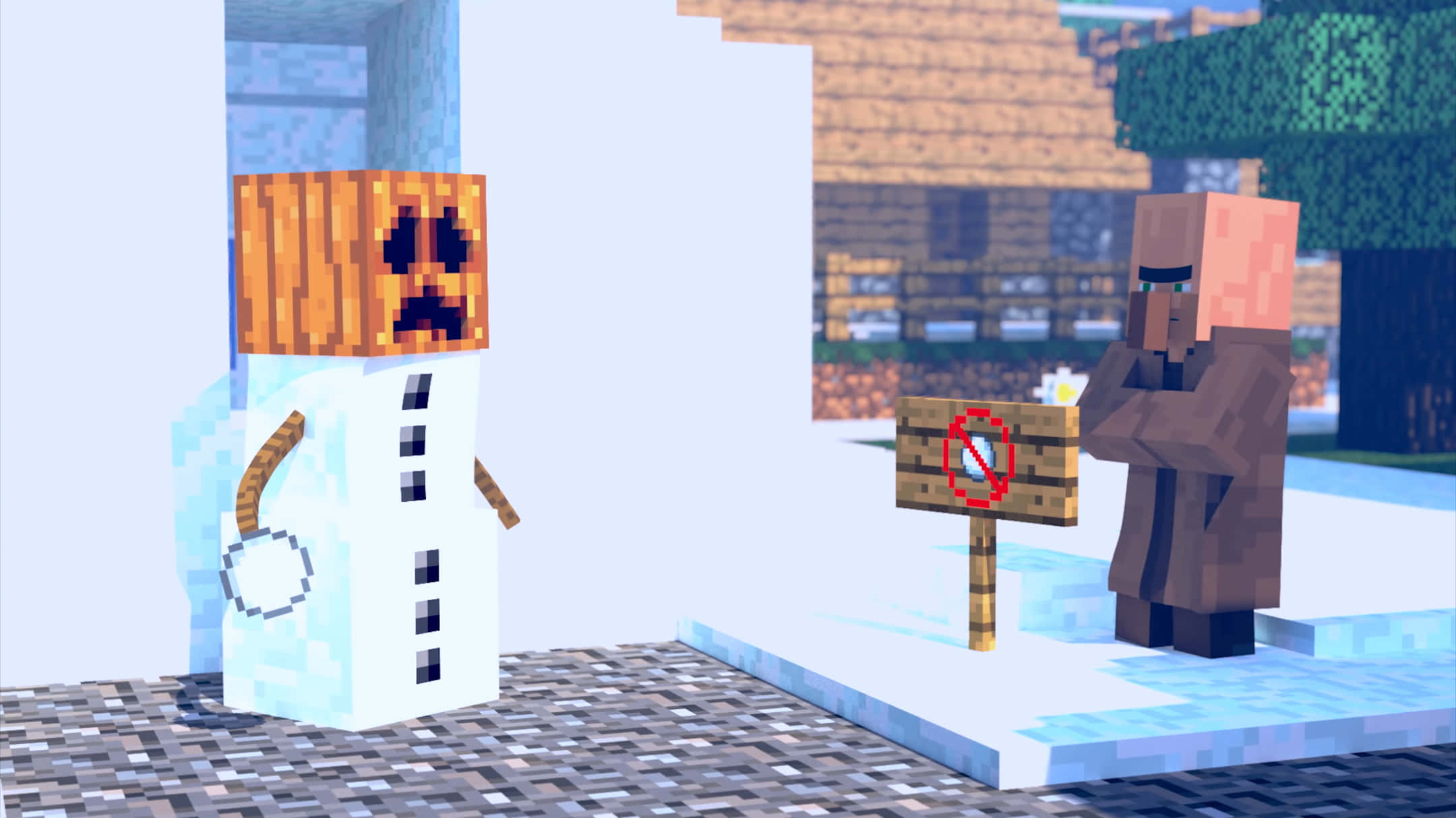 Minecraft Snow Golem 桌布 壁紙 — 一個像素化的雪人，南瓜頭，站在一個拿著禁止進入標誌的村民旁邊，在一個積雪的Minecraft村莊裡。
