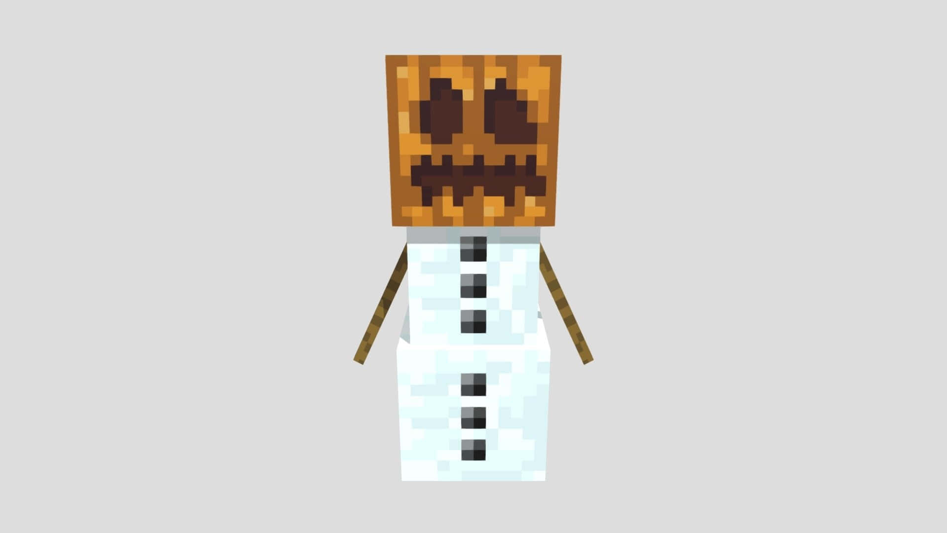 Minecraft Snow Golem 桌布 壁紙 — 一個像素化的雪人，有著雕刻的南瓜頭，站在純灰色背景前。