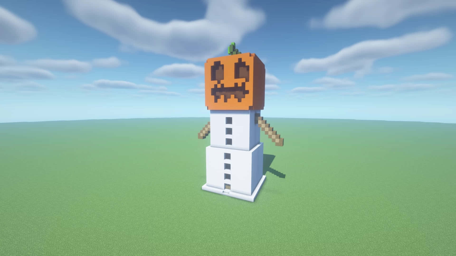 Minecraft Snow Golem 桌布 壁紙 — 一個像素化的雪人，頭部是傑克南瓜燈，獨自站在藍天白雲下的草地上。