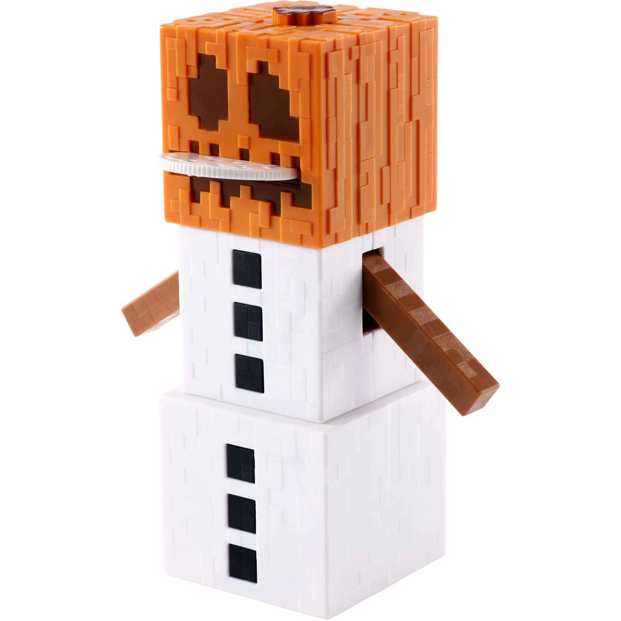 Minecraft Snow Golem 桌布 壁紙 — 一個像素化的雪人，頭部是橙色方塊組成的傑克南瓜燈，白色身體有黑色鈕扣眼睛。