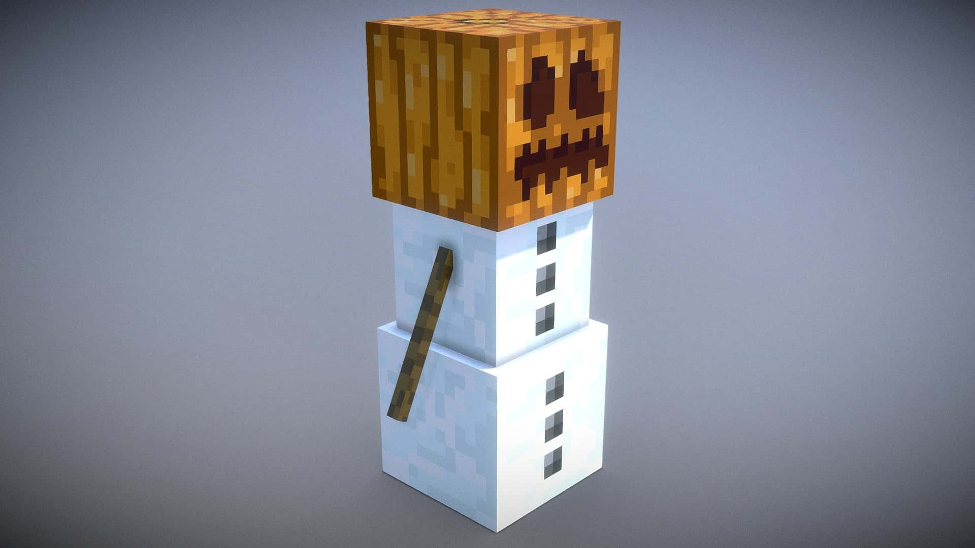 Minecraft Snow Golem 桌布 壁紙 — 一個像素化的雪人，頭部是雕刻的南瓜，站在純灰色背景前。
