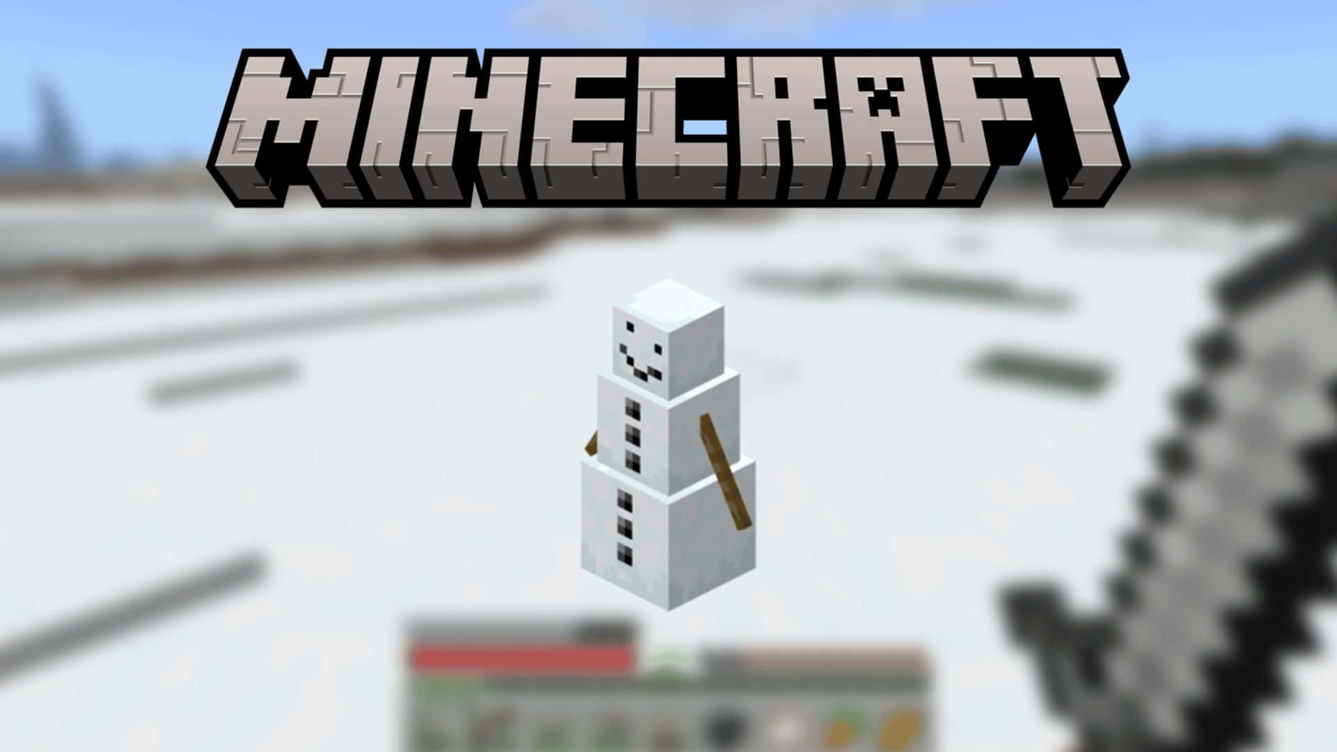 Minecraft Snow Golem 桌布 壁紙 — 一個像素化的雪人站在積雪的Minecraft風景中，上方是清澈的藍天和遊戲標誌。