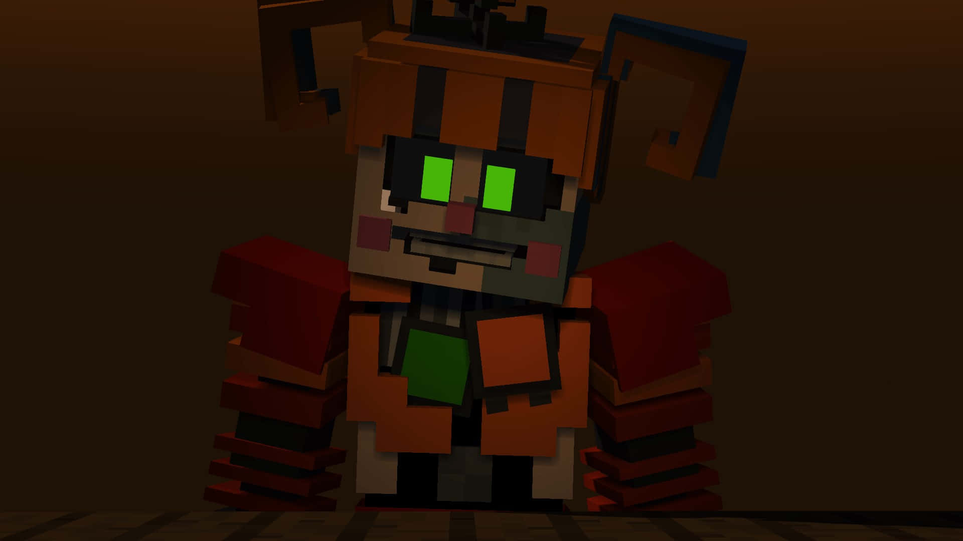 Scrap Baby 桌布 壁紙 — 一個像素化的電子動畫角色，擁有發光的綠色眼睛和橙色毛髮，在昏暗的光線中威嚴地站立。