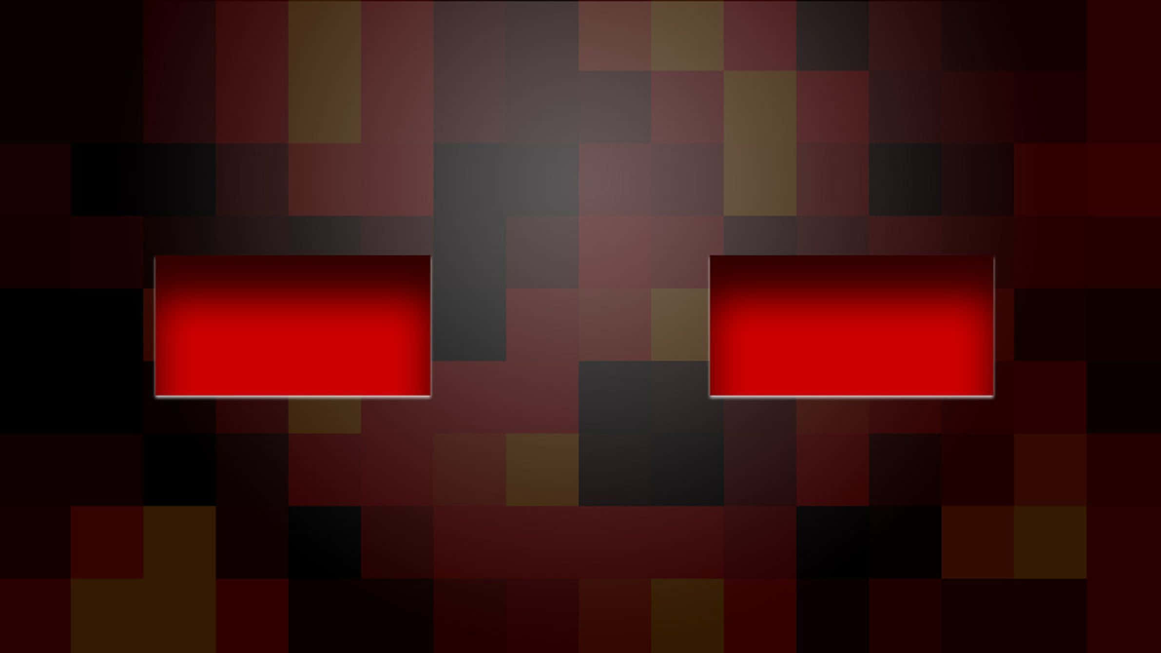 Minecraft Phone 桌布 壁紙 — 一個像素化的面孔，帶有發光的紅色眼睛，從深紅色和黑色的馬賽克背景中浮現。