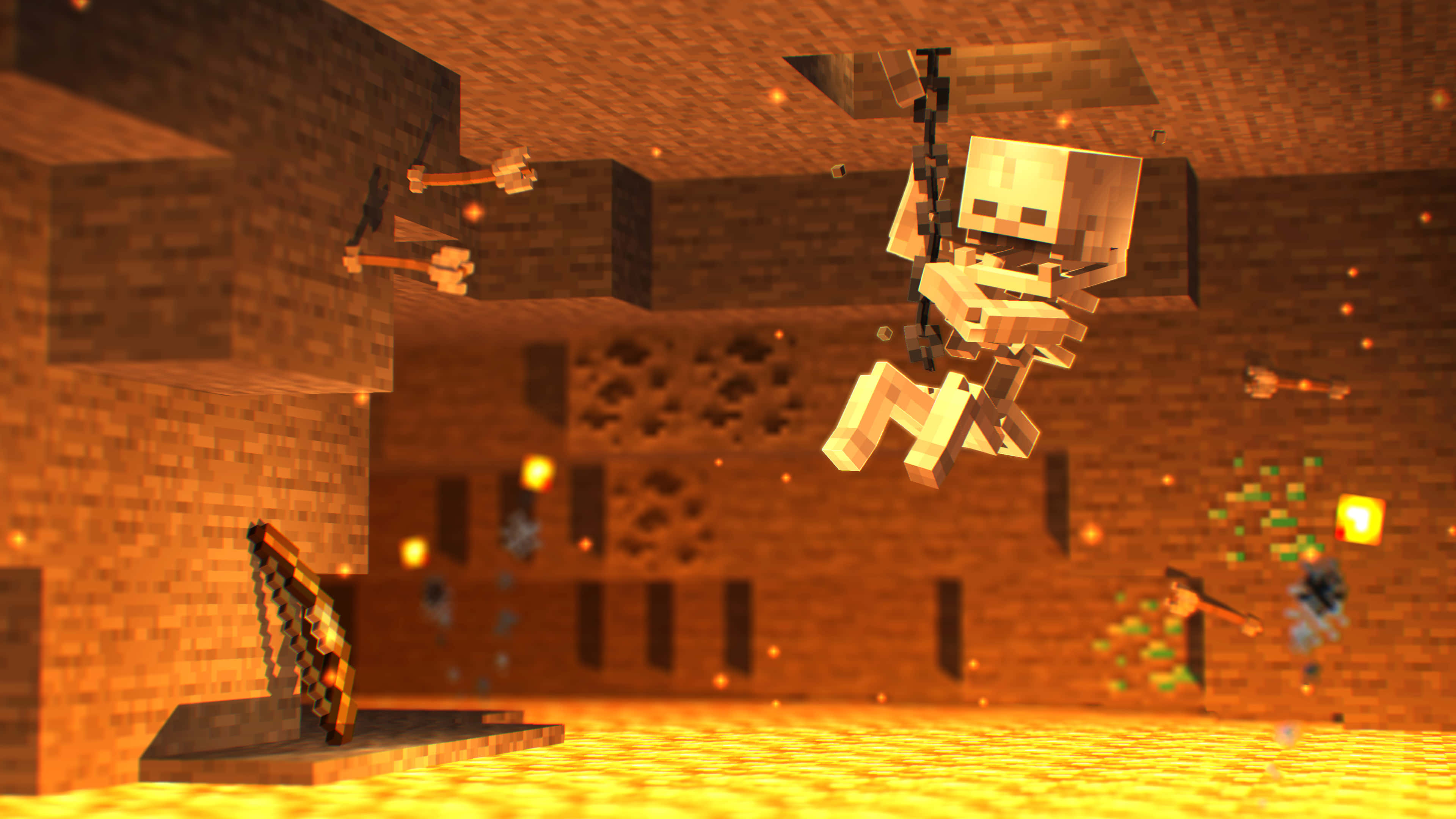 Minecraft Skeleton 桌布 壁紙 — 一個像素化的骷髏懸掛在發光的地獄堡壘中，下方有浮動的火把和岩漿。