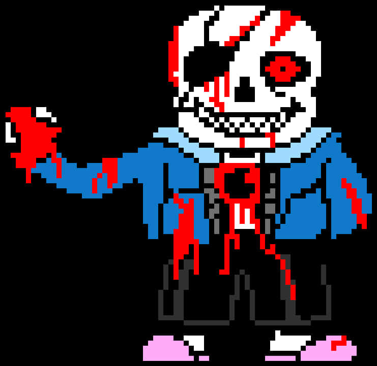Undertale Sans 桌布 壁紙 — 一個像素化的骷髏角色，有紅色的眼睛和血跡，穿著藍色外套和粉紅色鞋子，背景為黑色。