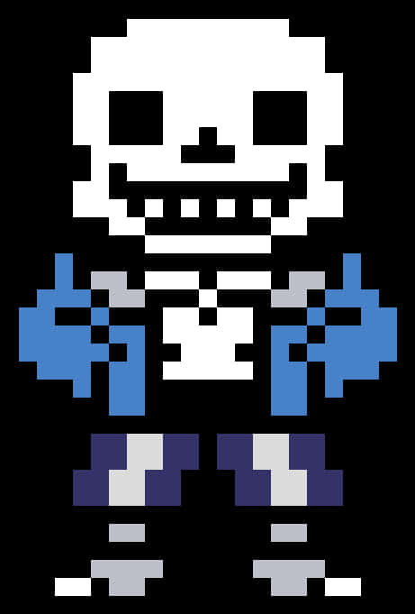 Undertale Sans 桌布 壁紙 — 一個像素化的骷髏角色，藍色手臂和紫色褲子，站在黑色背景前。