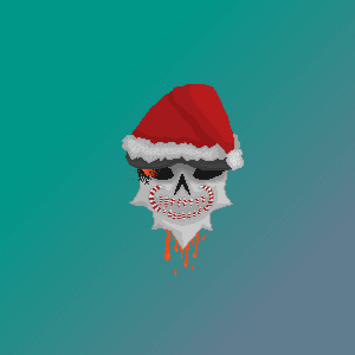詭異的GIF 桌布 壁紙 — 一個像素化的骷髏頭戴著紅色聖誕帽，有拐杖糖牙齒和滴落的血，背景是青綠色漸變。