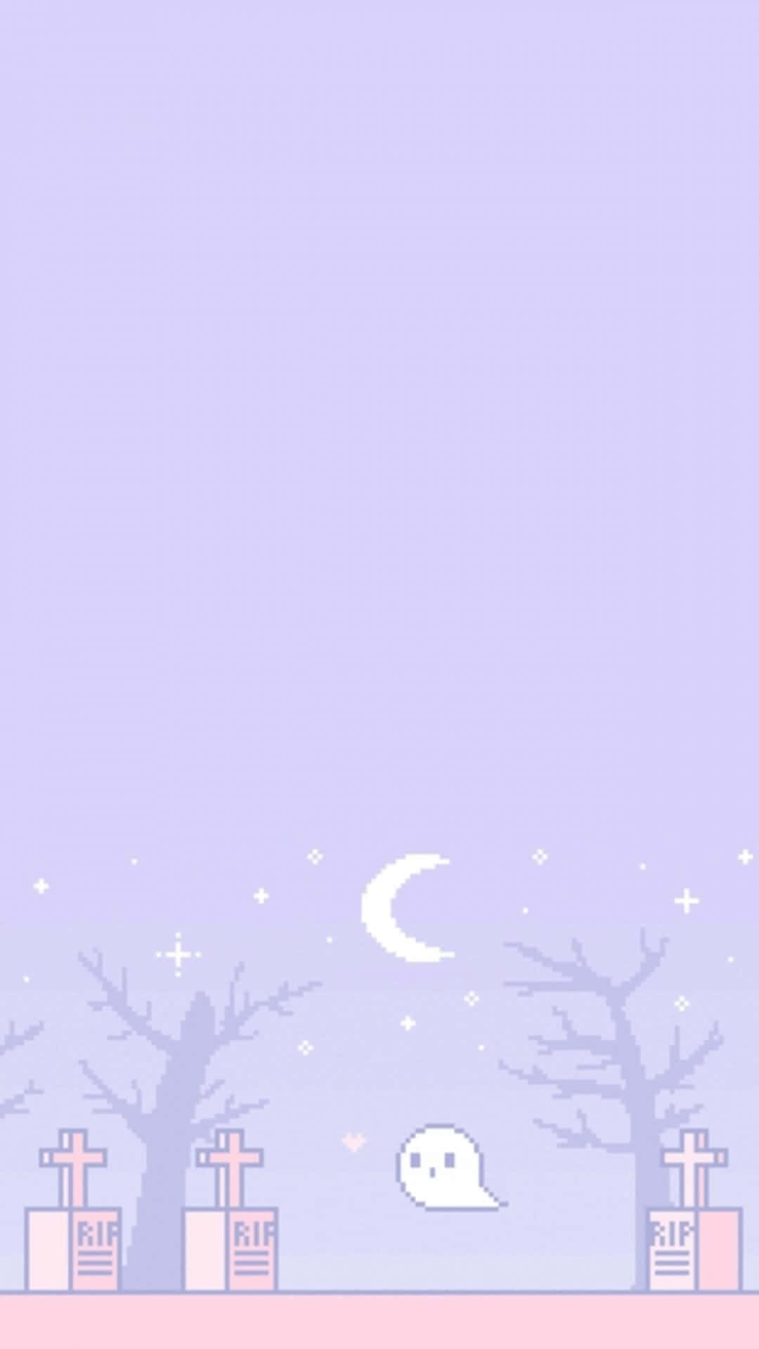 Gothic iPhone 桌布 壁紙 — 一個像素化的鬼魂在月牙下的淡紫色墓地中漂浮在墓碑之間。