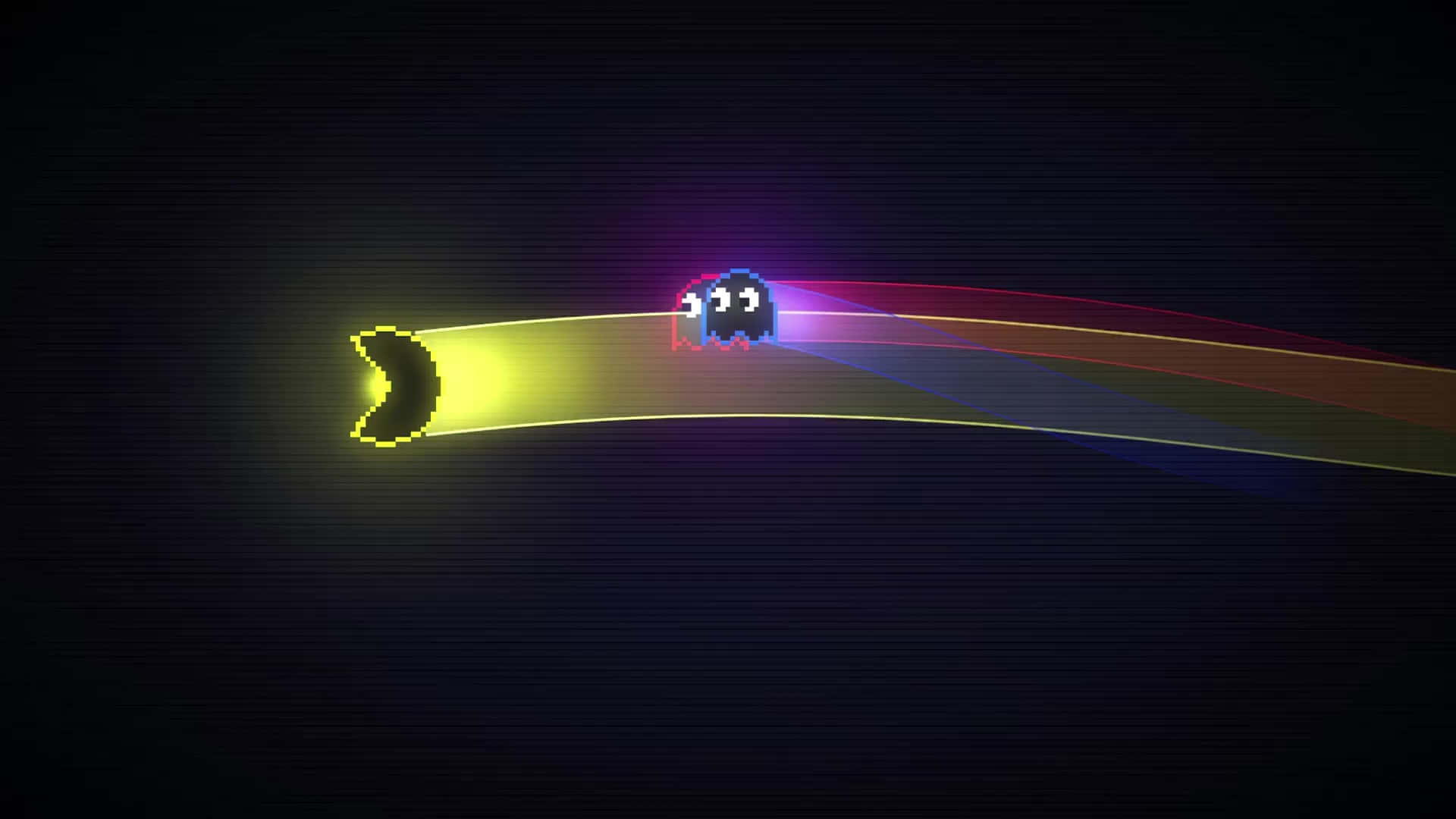 HD Pacman 桌布 壁紙 — 一個像素化的鬼魂在黑暗的復古電子遊戲背景下，穿過霓虹彩虹隧道追逐發光的黃色 Pac-Man。