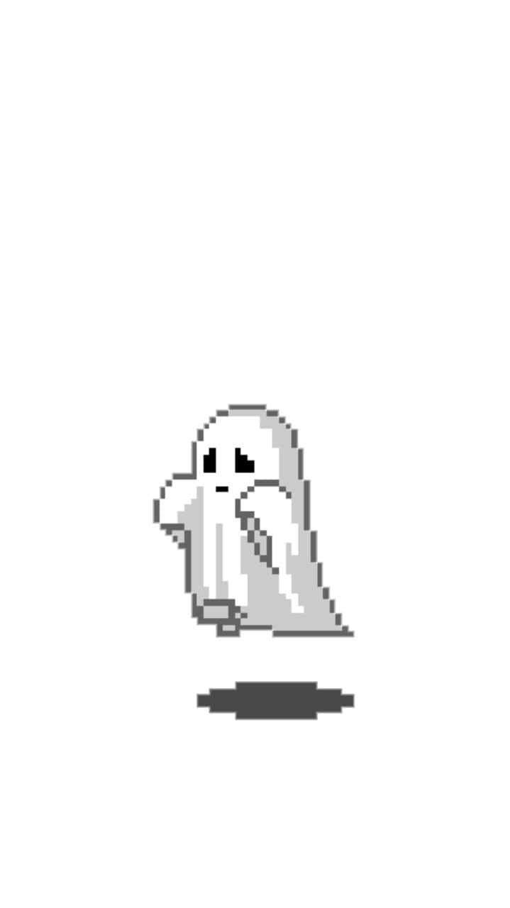 Cute Ghost 桌布 壁紙 — 一個像素化的鬼魂帶著悲傷的表情漂浮在深色陰影上方，背景是純白色。