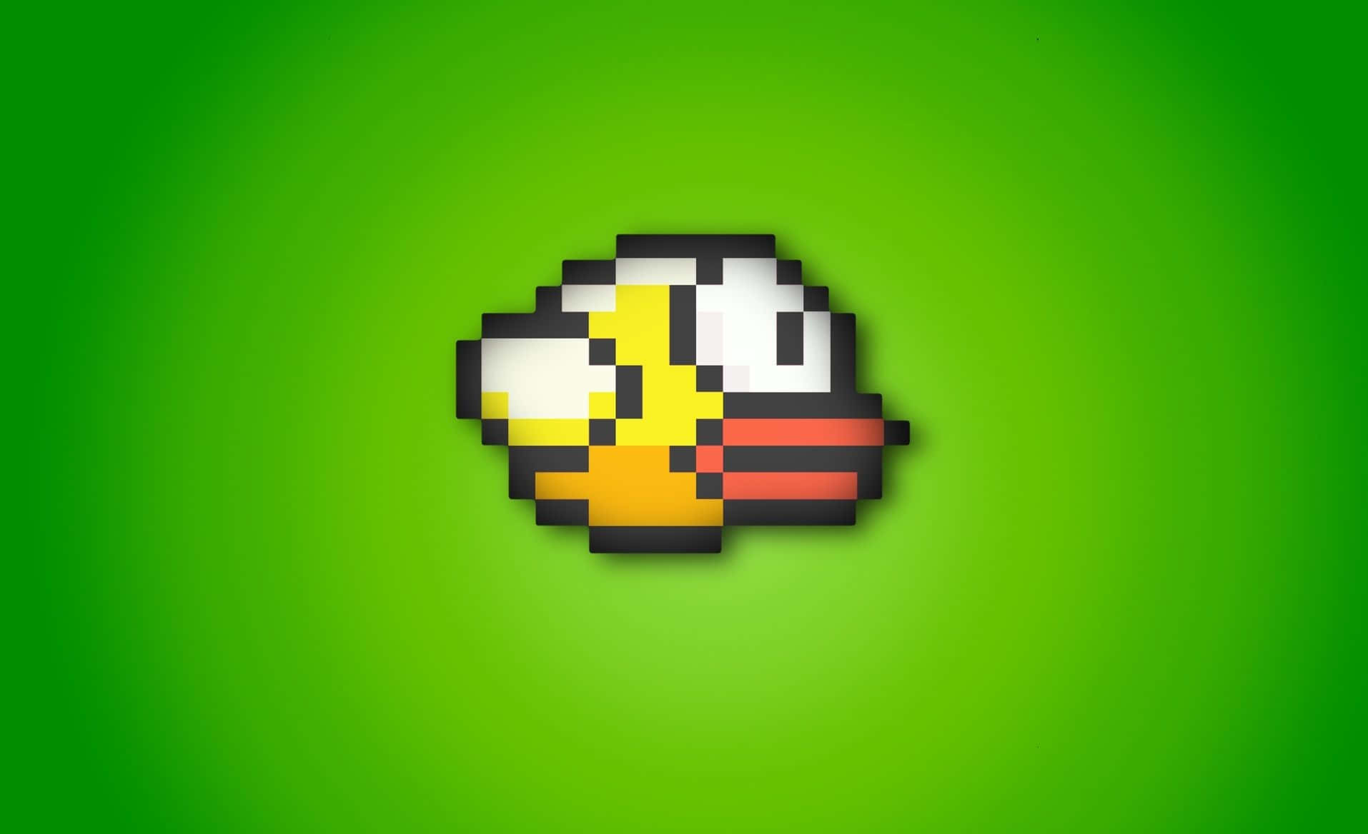 Flappy Bird 桌布 壁紙 — 一個像素化的鴨頭，黃色喙和紅色條紋，漂浮在充滿活力的綠色漸變背景上。