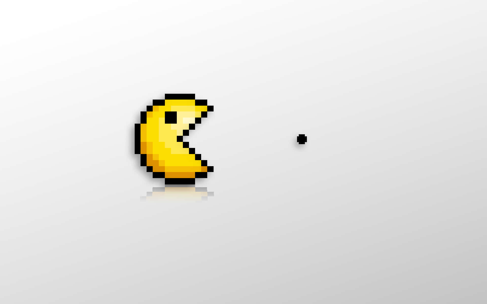 Pacman 桌布 壁紙 — 一個像素化的黃色 Pacman 角色，帶有黑色輪廓，面向淺灰色漸變背景上的一個黑色圓點。