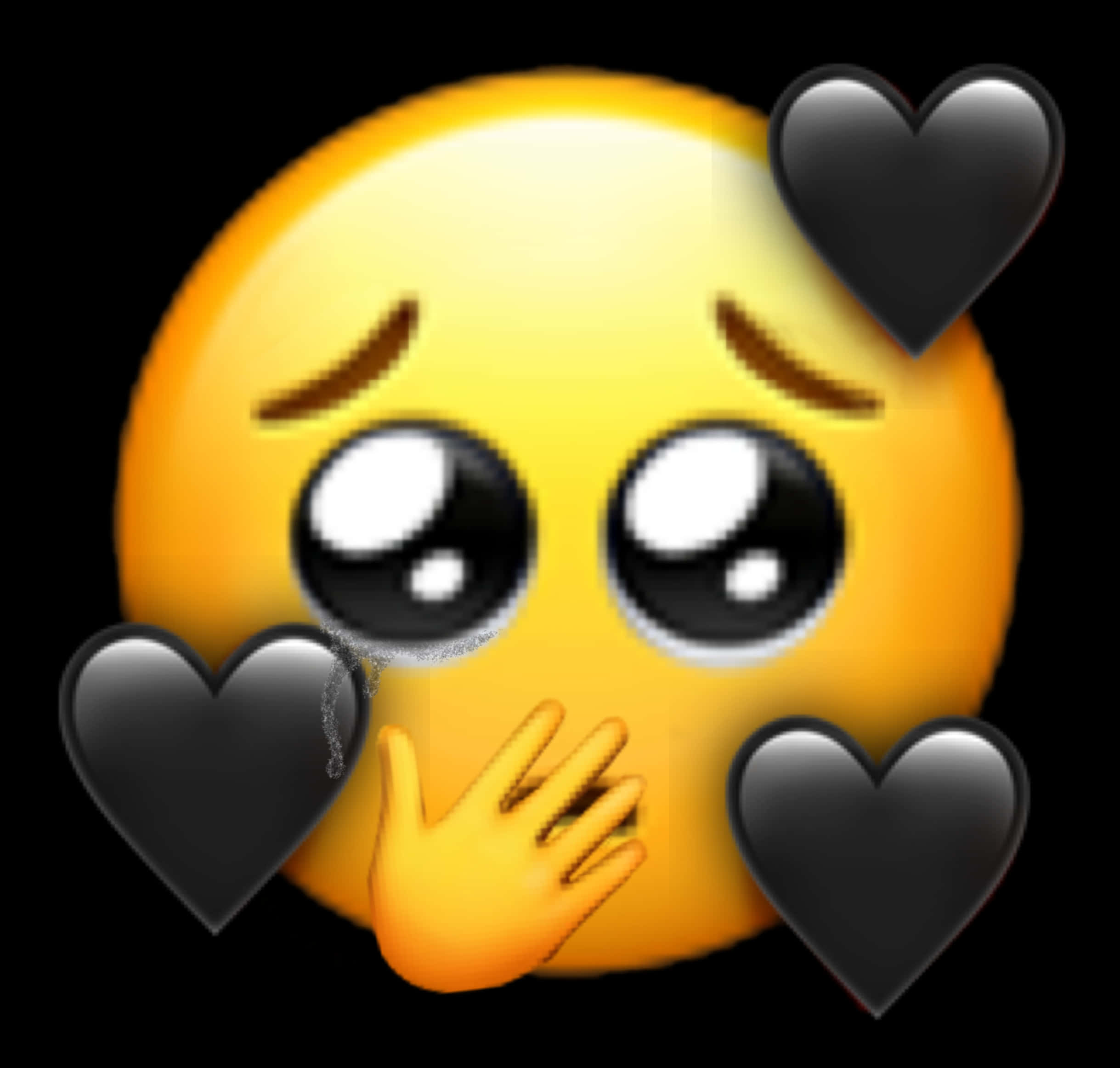 Love Emoji 桌布 壁紙 — 一個像素化的黃色表情符號，流淚並用手捂住嘴巴，被三個亮黑色心形包圍在黑色背景上。