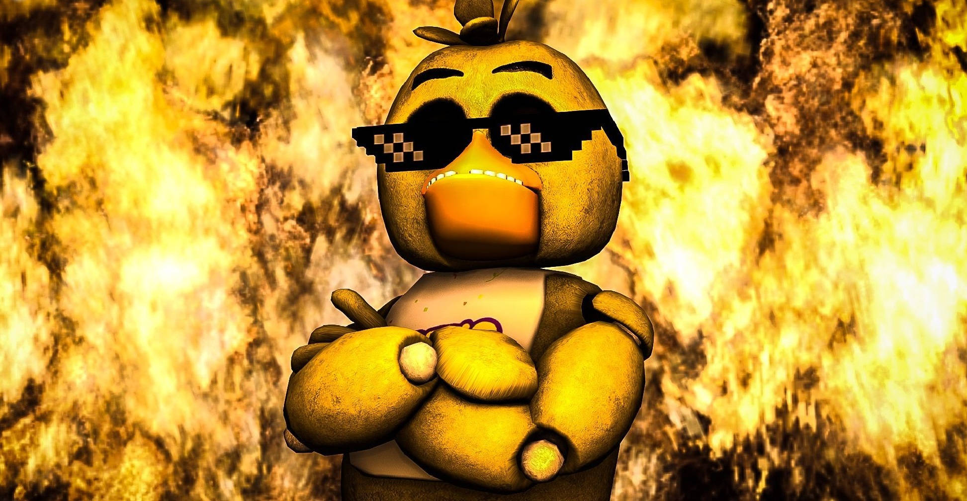 chica 桌布 壁紙 — 一個像素化的黃色雞吉祥物戴著太陽眼鏡，自信地站在火焰爆炸背景前。