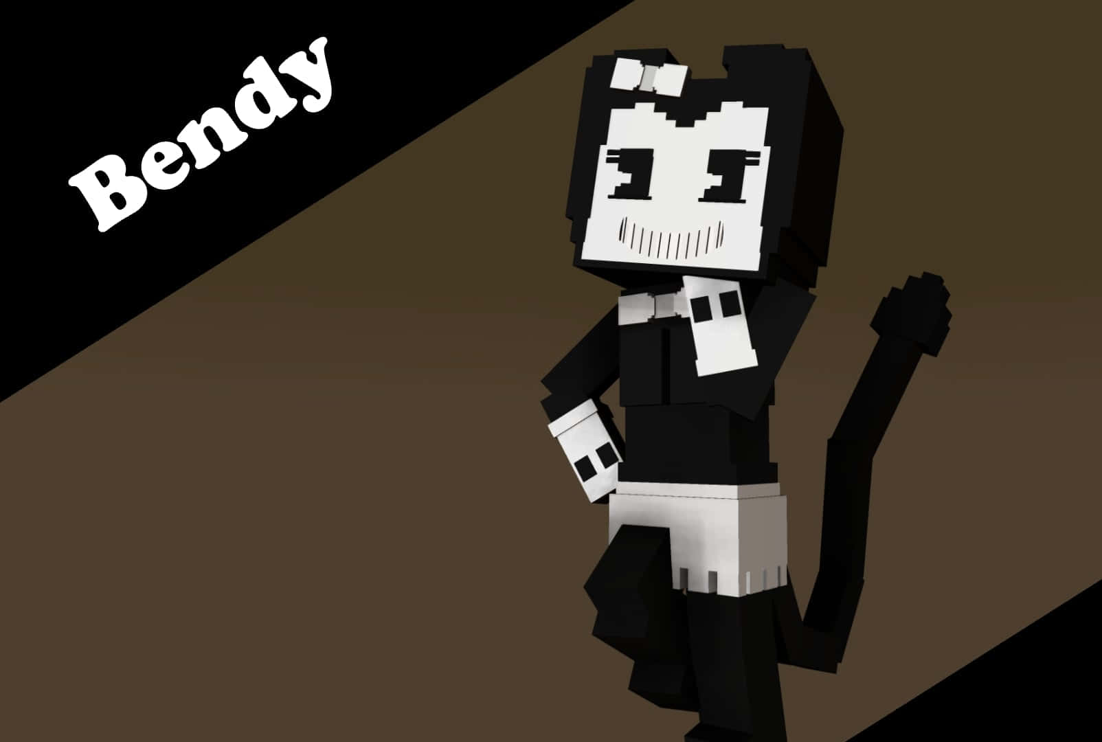 Bendy 桌布 壁紙 — 一個像素化的黑白 Bendy 角色站在分割的棕色和黑色背景前，並以白色文字顯示 Bendy 的名字。
