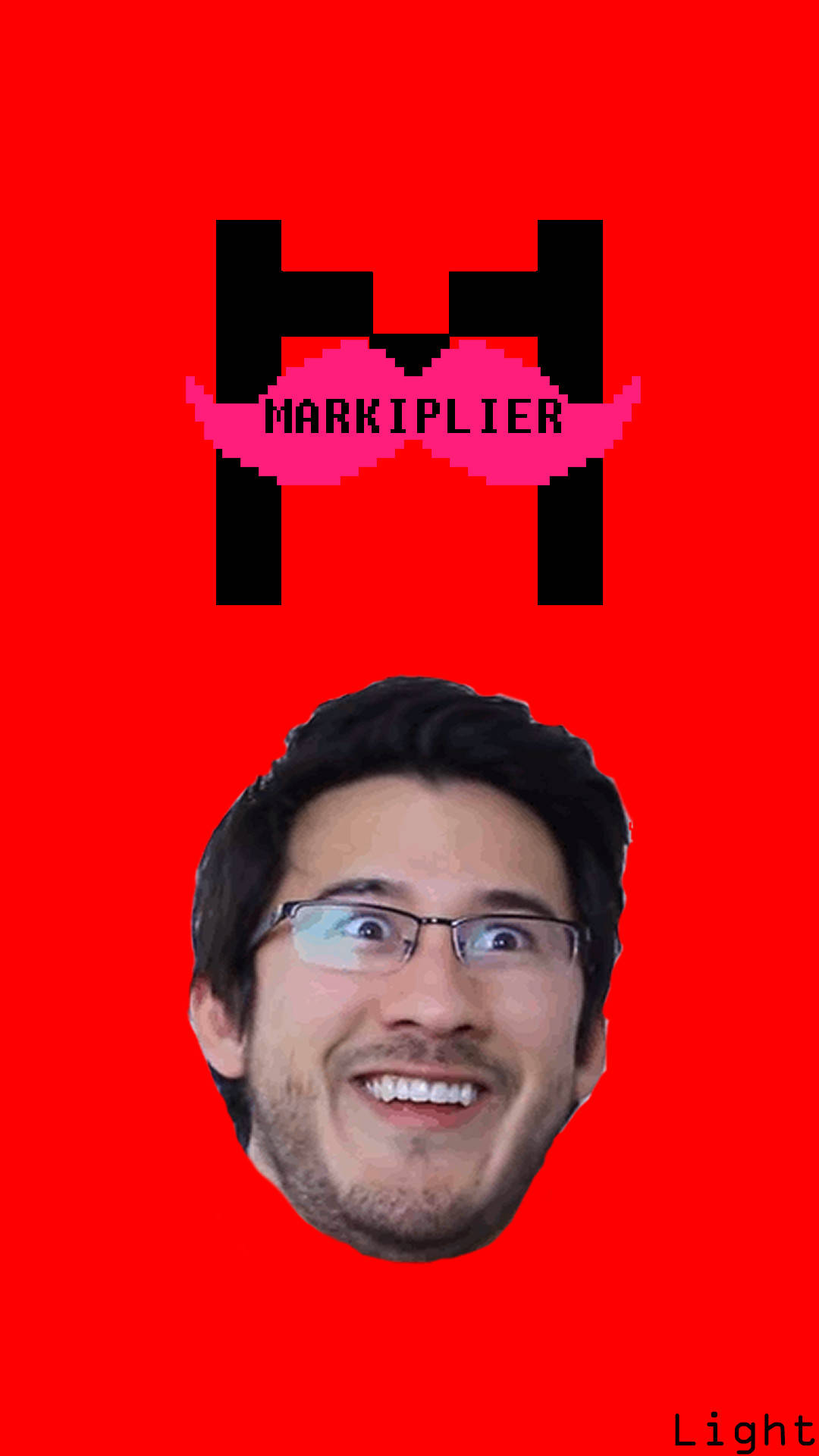 Markiplier 桌布 壁紙 — 一個像素化的黑色「M」，帶有粉紅色鬍子標誌和一個微笑的男人臉，在純紅色背景上。