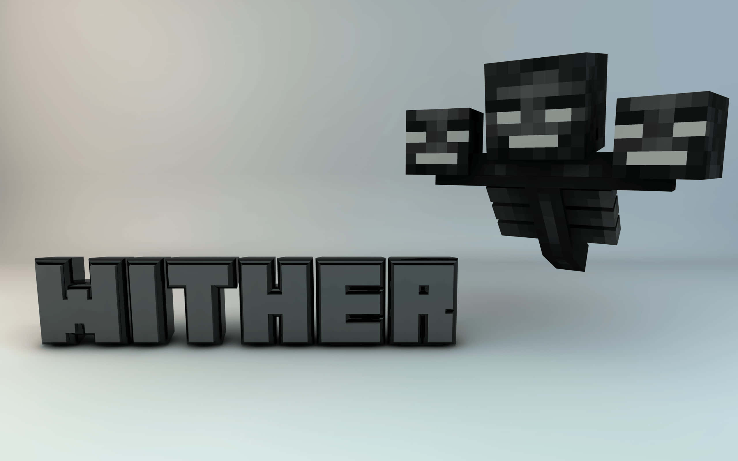 Minecraft Wither Boss 桌布 壁紙 — 一個像素化的黑色凋零怪漂浮在漸變灰色背景上的WITHER一詞的立體方塊字母上方。