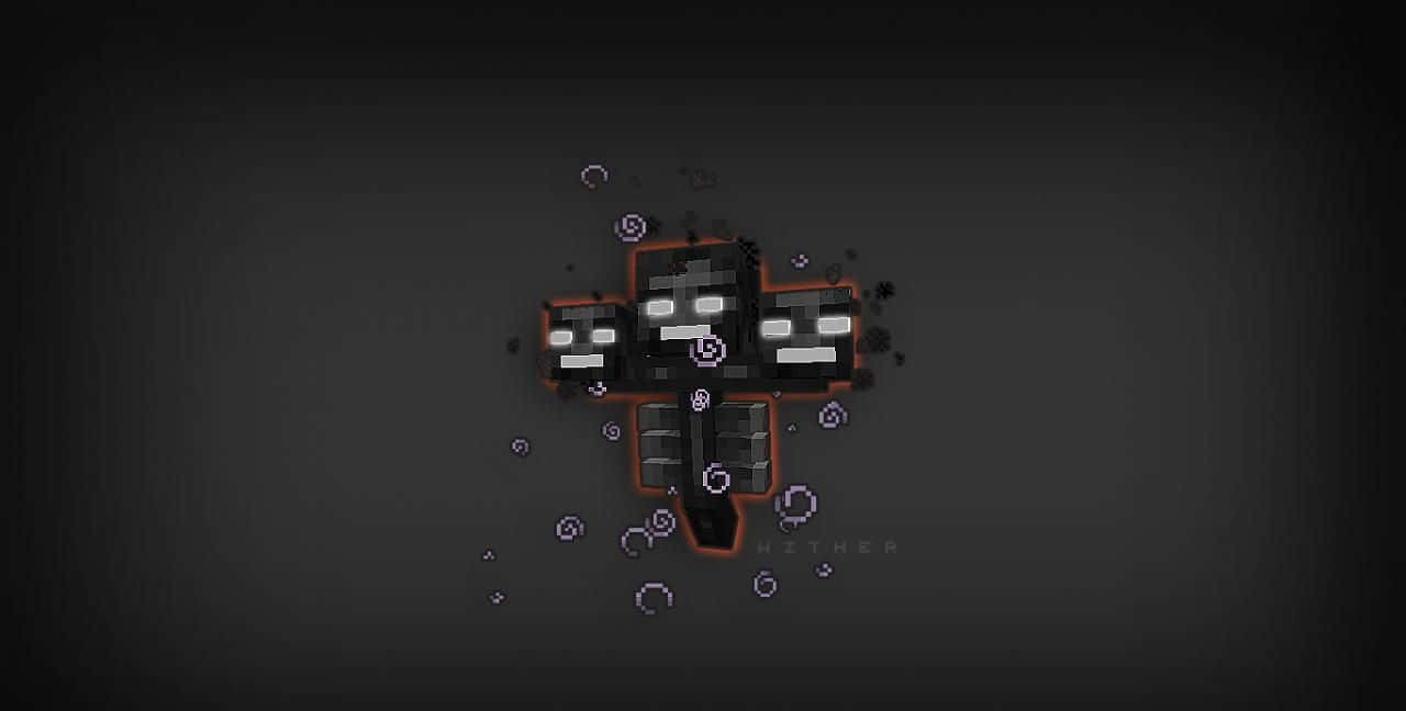 Minecraft Wither Boss 桌布 壁紙 — 一個像素化的黑色十字架，帶有發光的白色眼睛和橙色輪廓，漂浮在深灰色漸變背景上。