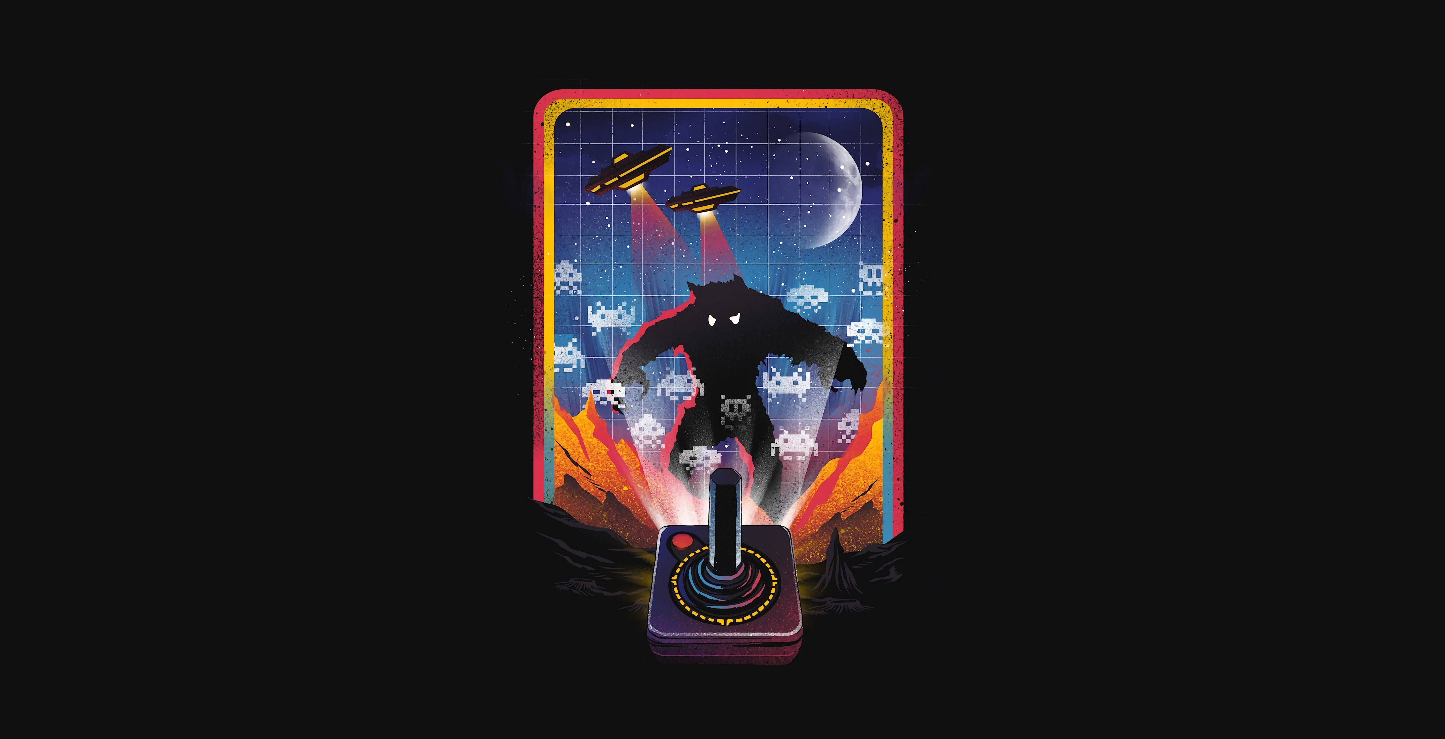 galaga 桌布 壁紙 — 一個像素化的黑色怪物站在復古遊戲控制器上，背景是星空夜空，有UFO和鬼魂。