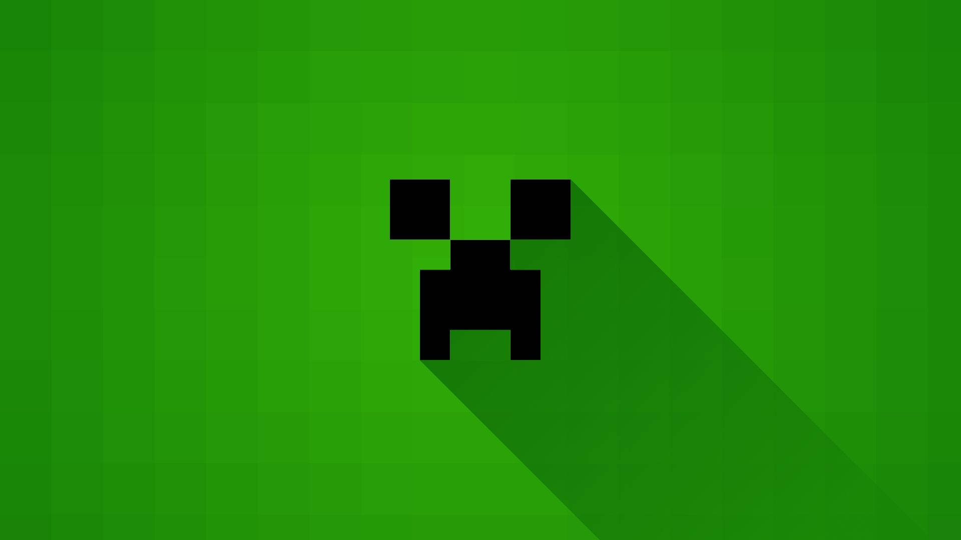 Creeper 桌布 壁紙 — 一個像素化的黑色爬行者面孔在充滿活力的綠色漸變背景上投下長長的陰影。