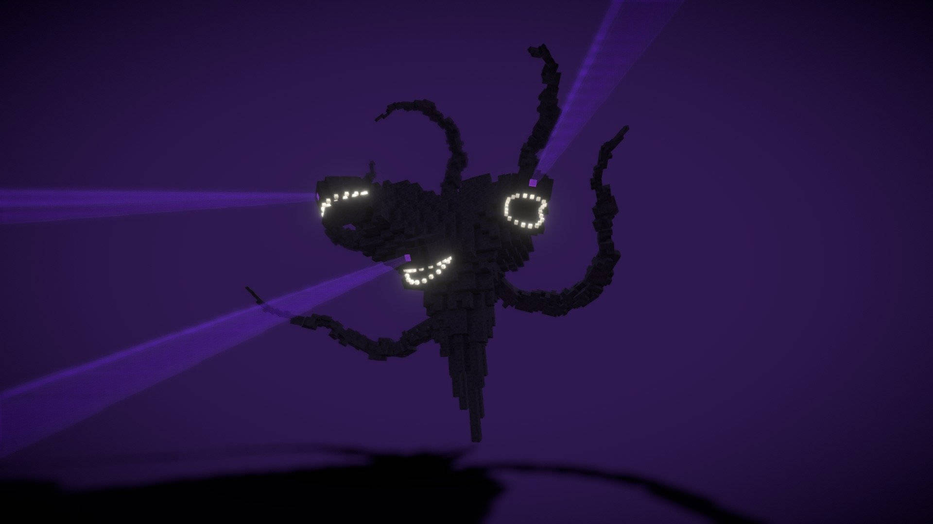 Wither 桌布 壁紙 — 一個像素化的黑色章魚狀生物，帶有發光的白色眼睛和光束，在深紫色背景上發射紫色雷射。