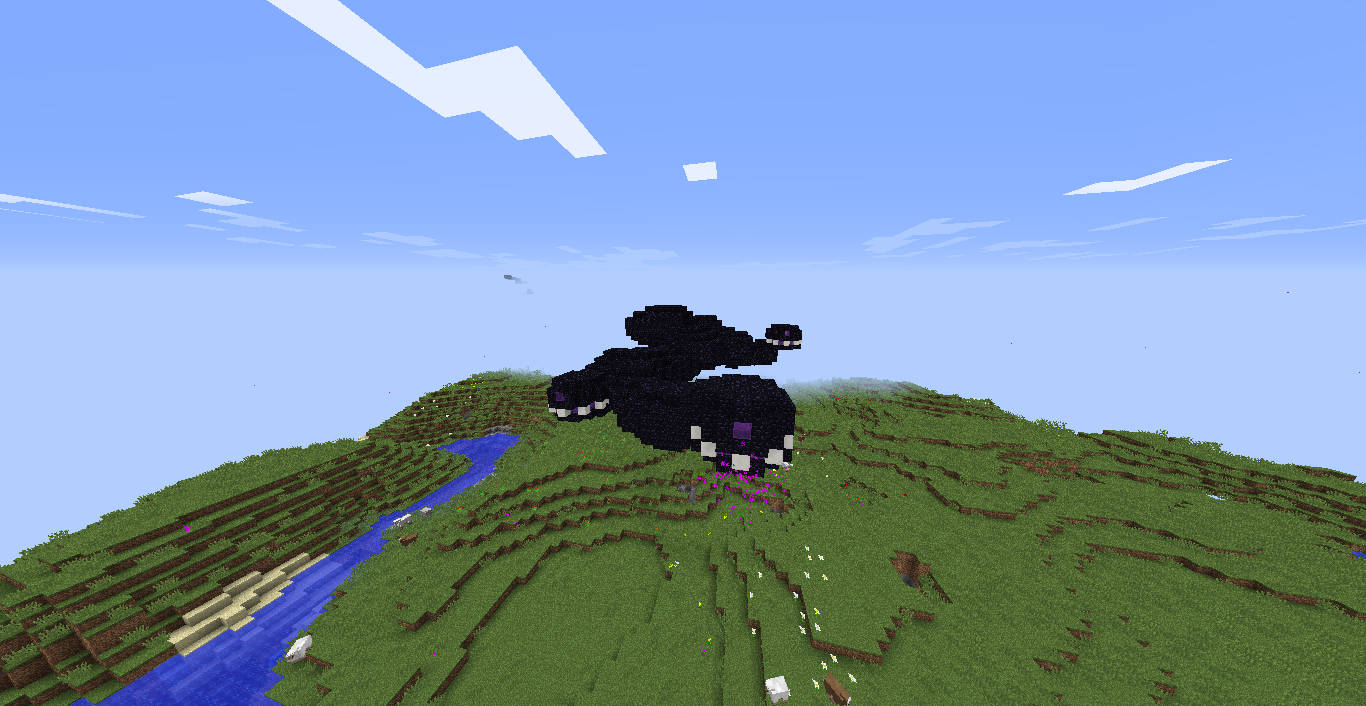 Wither 桌布 壁紙 — 一個像素化的黑色終界使者站在長滿草的山丘上，旁邊是一條蜿蜒的河流，天空湛藍，白雲朵朵。