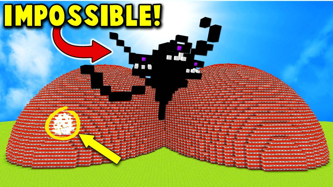 Wither 桌布 壁紙 — 一個像素化的黑色終界使者跳過一個紅色方塊結構，箭頭指向其不可能的物理現象和一個發光方塊。