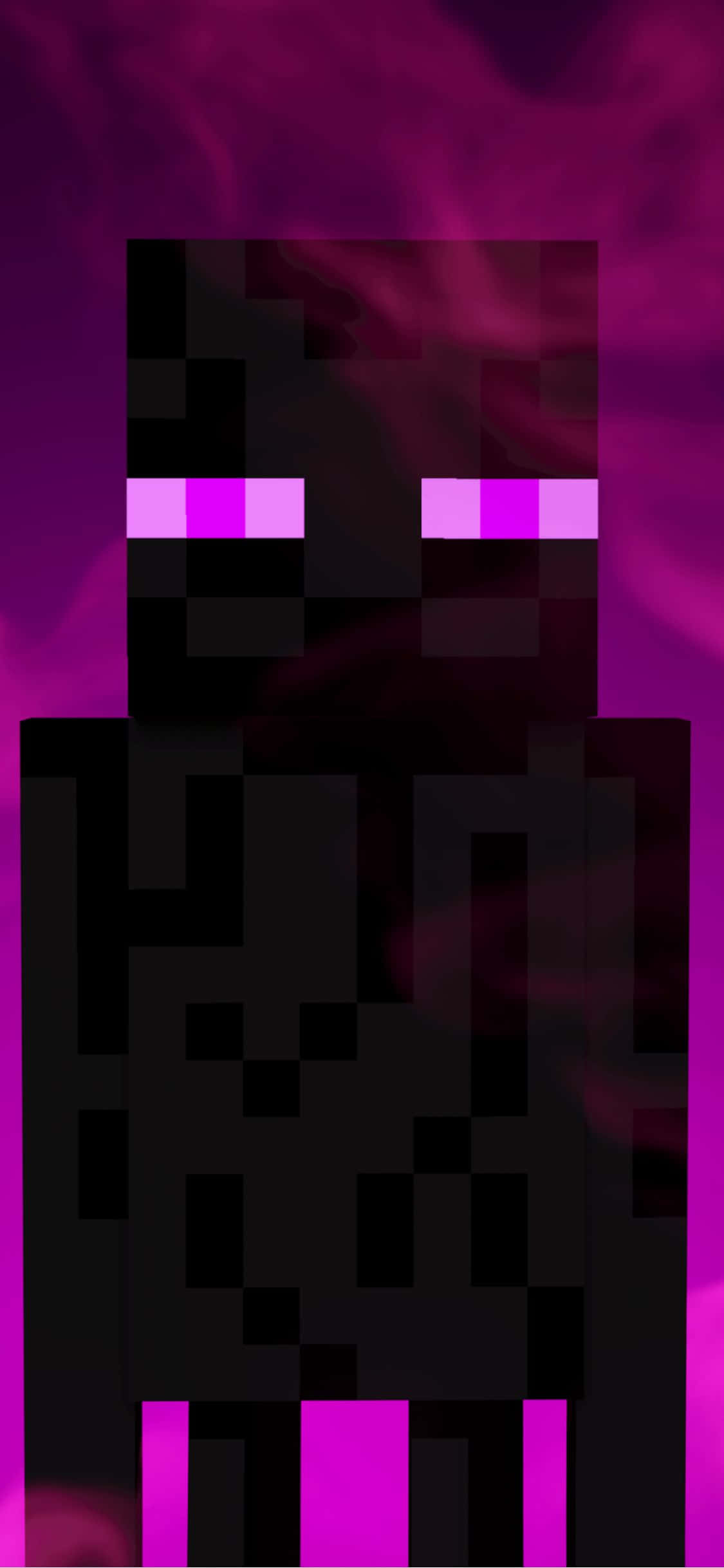 iPhone Xs Minecraft 桌布 壁紙 — 一個像素化的黑色身影，帶有發光的紫色眼睛和腳，站在旋轉的深紫色背景前。